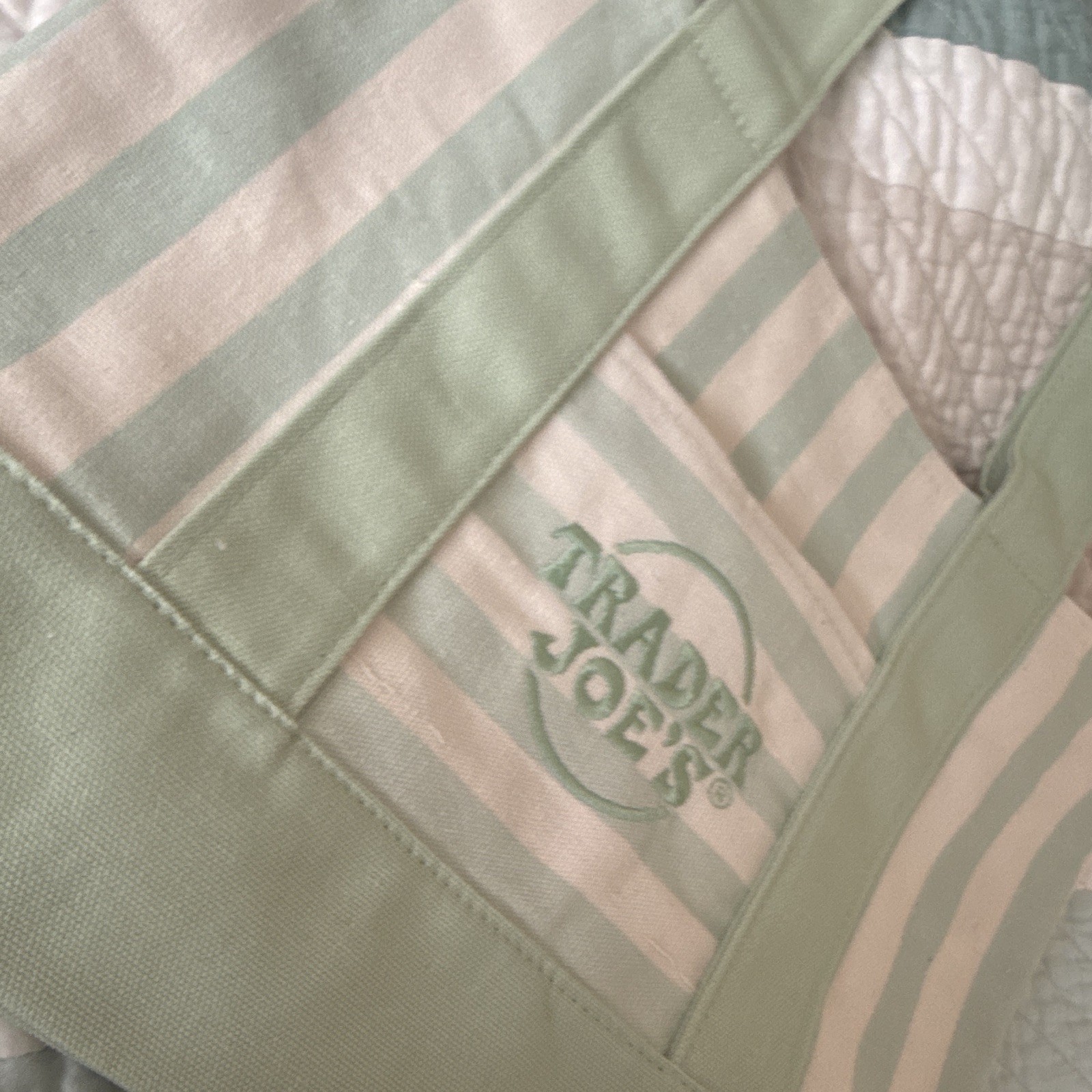 Trader Joe’s Green & White Striped Canvas Tote Bag Authentic New