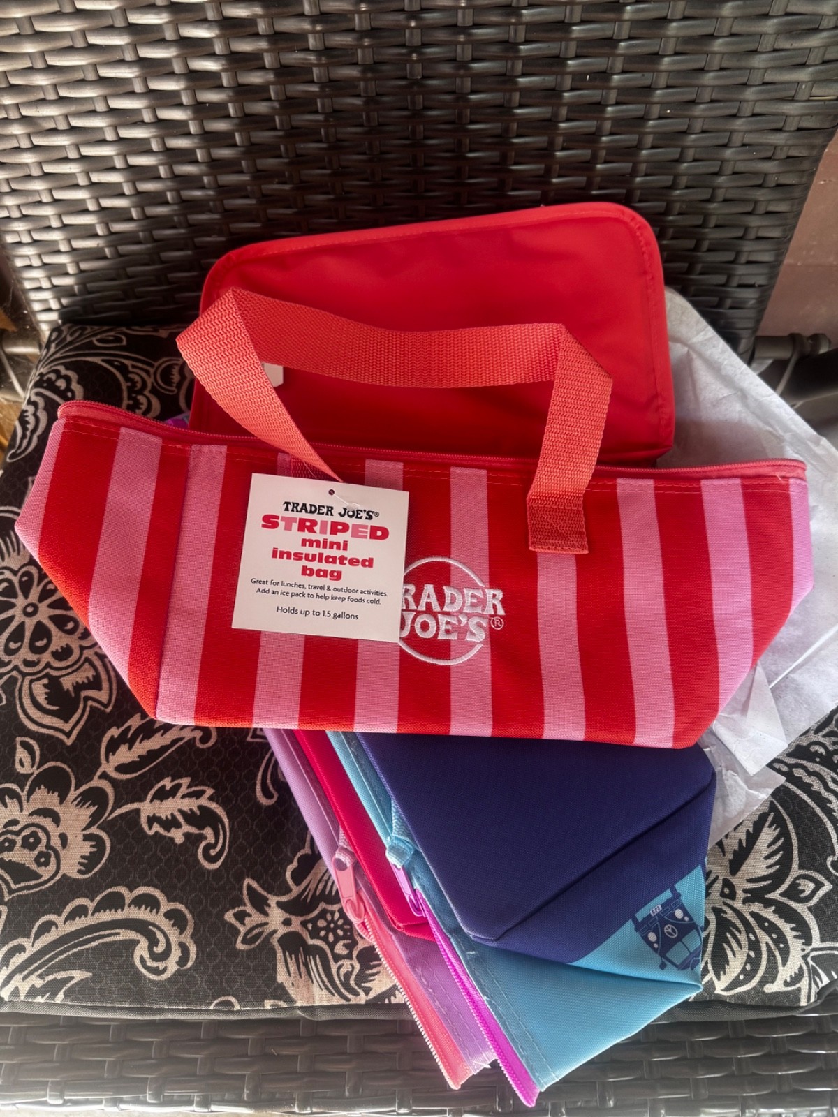 MINI insulated Trader Joes bag striped Pink/rose colorway