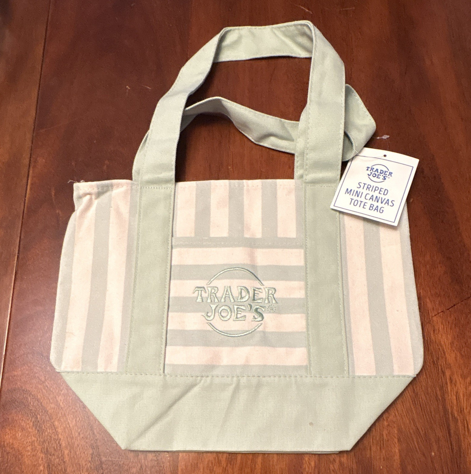 Trader Joe’s Striped Mini Canvas Tote Bag Green and White 13x6x8.5in