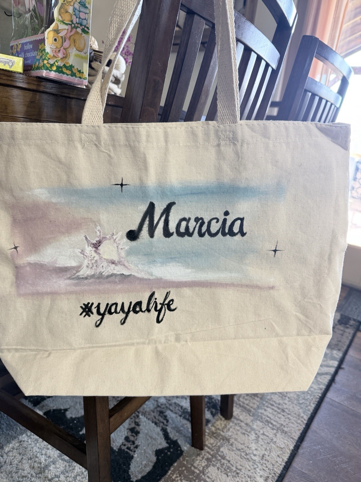 Canvas Foldable Reusable Shopping Bag with Beach Scene, Beige Multicolor
