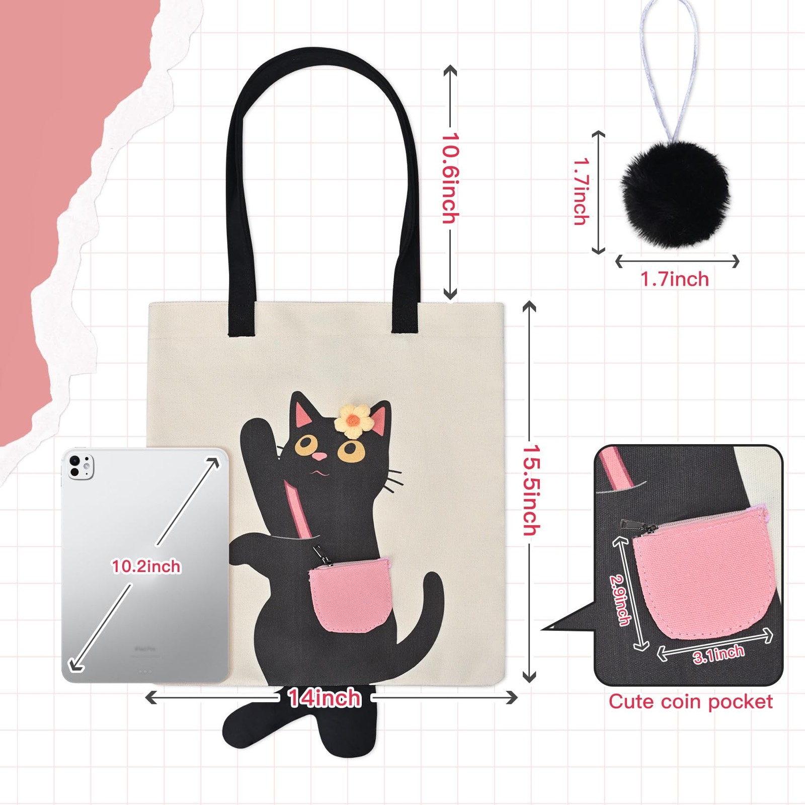 Black Cat Tote Bag with Cute Dangle Legs Canvas Aesthetic Shoulder Bag for Re…