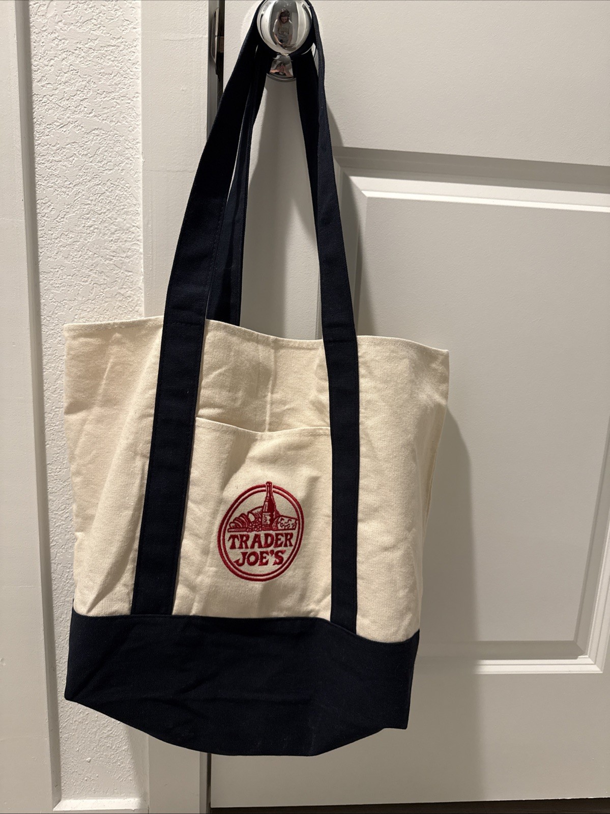 New Trader Joe’s Reusable Canvas Eco Tote Bag Blue and White