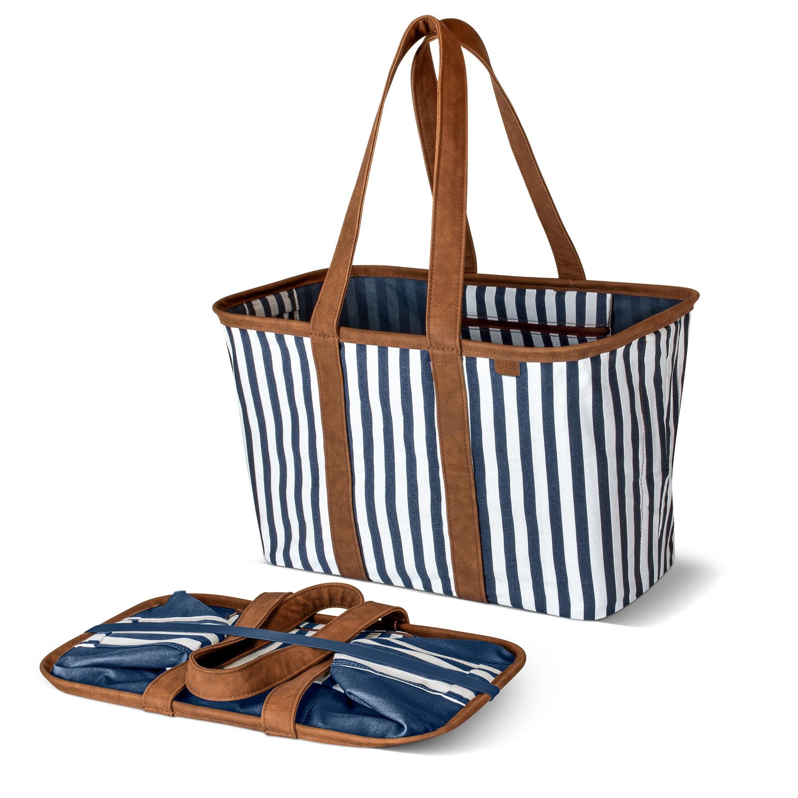 Collapsible LUXE Tote – Navy Striped 1 Pack 30L / 8 Gal – Reusable Grocery Sh…