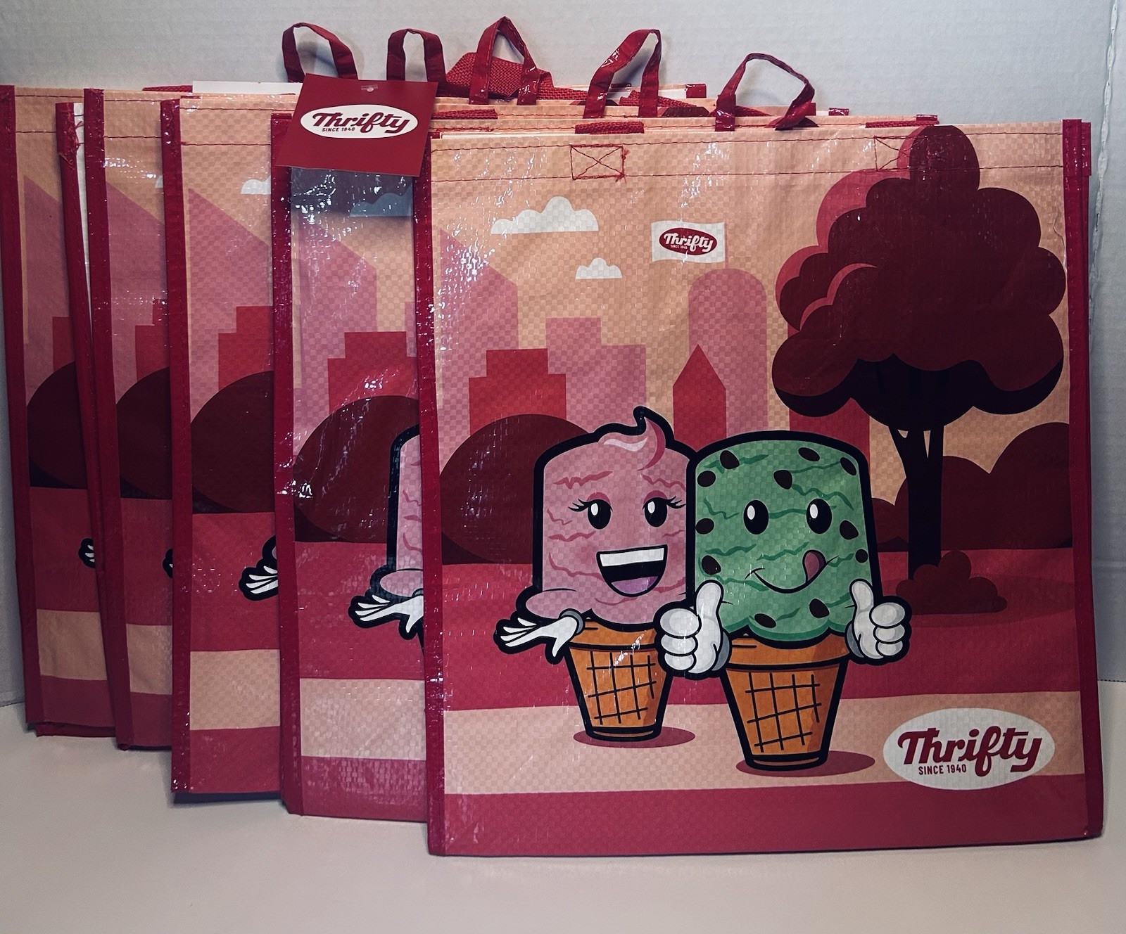 5 New Thrifty Ice Cream Reusable 2 Sided Shopping Bag with Tags LOT OF 5
