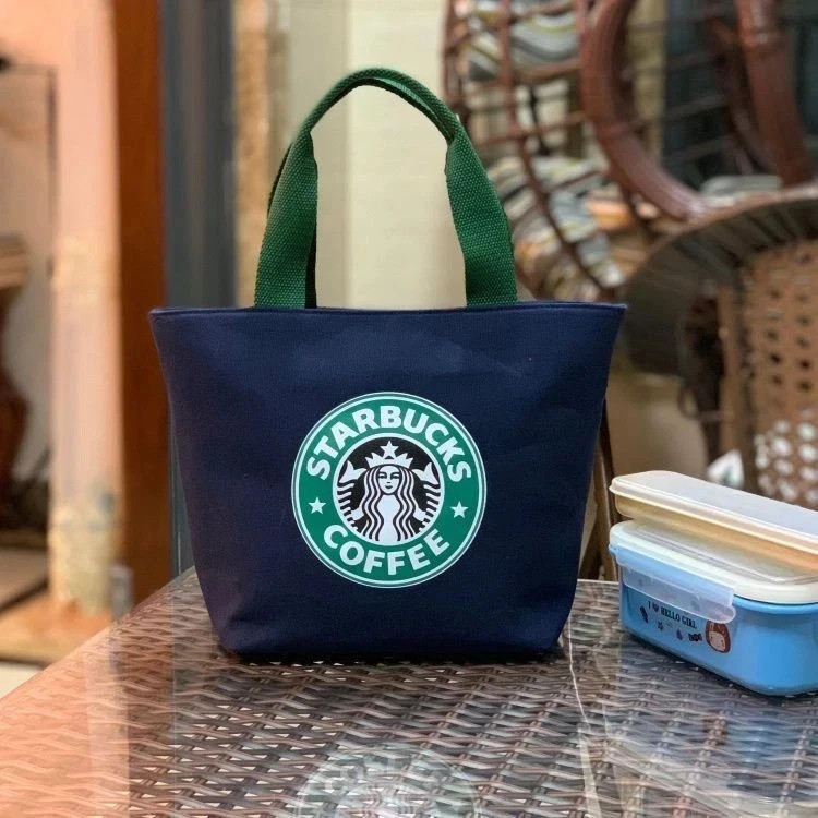 Starbucks Coffee Mini Canvas Tote Bag Portable Zippered Handbag Blue