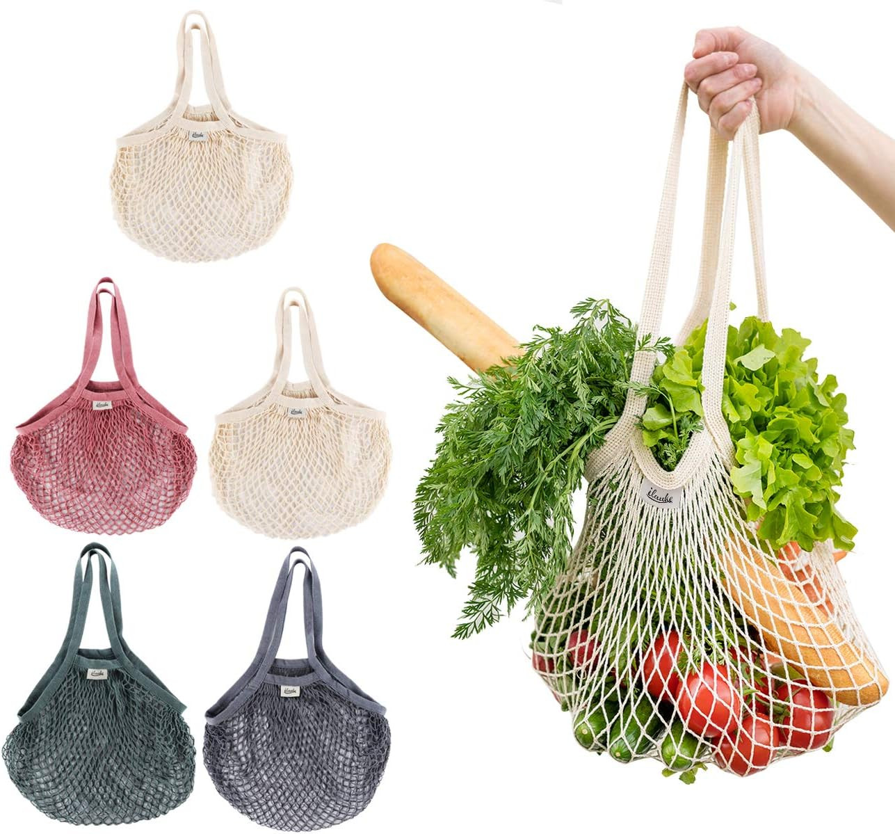 Mesh Grocery Bags, 5 Pack Reusable Washable Cotton String Shopping Bag, Cotton M