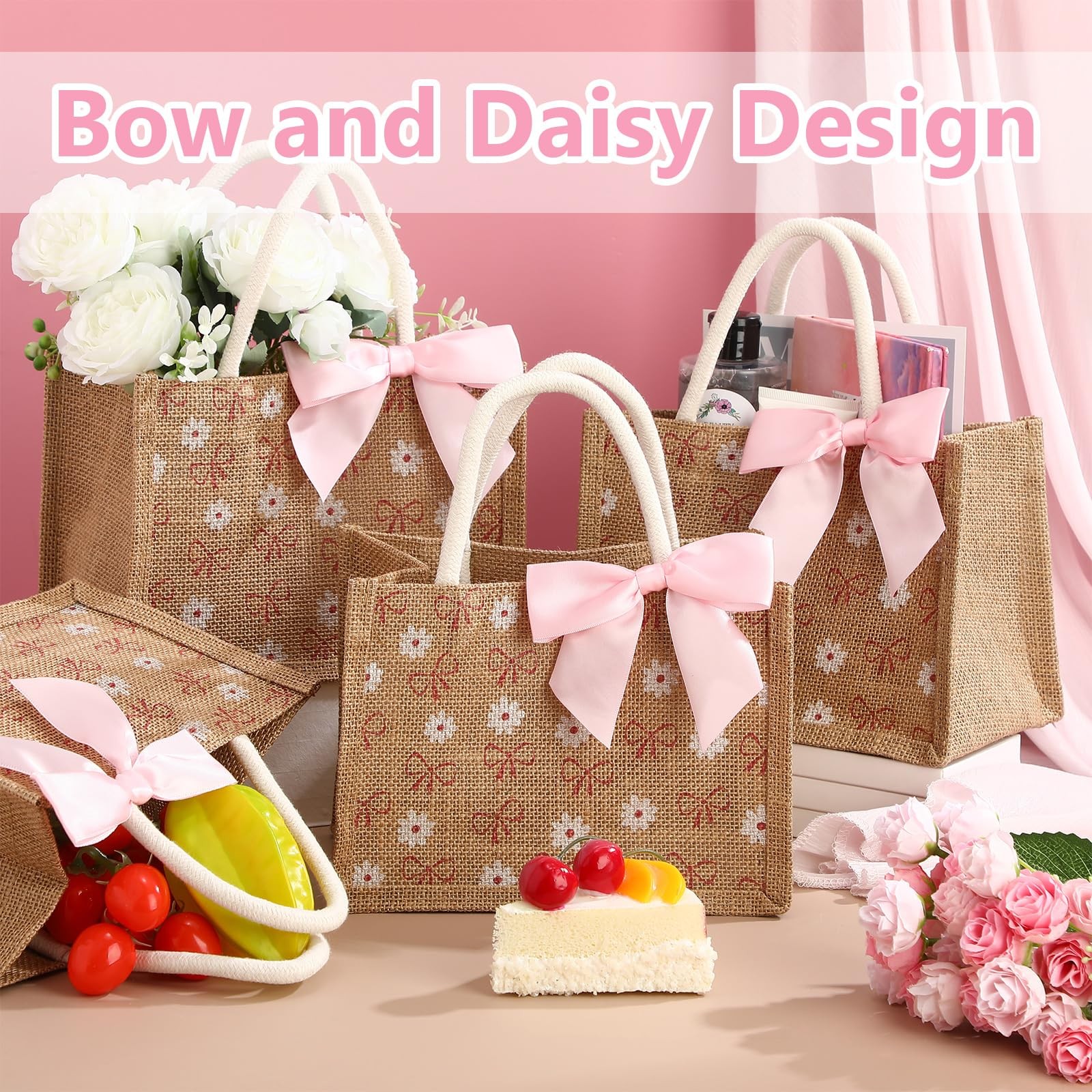 12 Pcs 9×6.3×5.1 inch Burlap Tote Bag with Pink Ribbon Bow Coquette Daisy