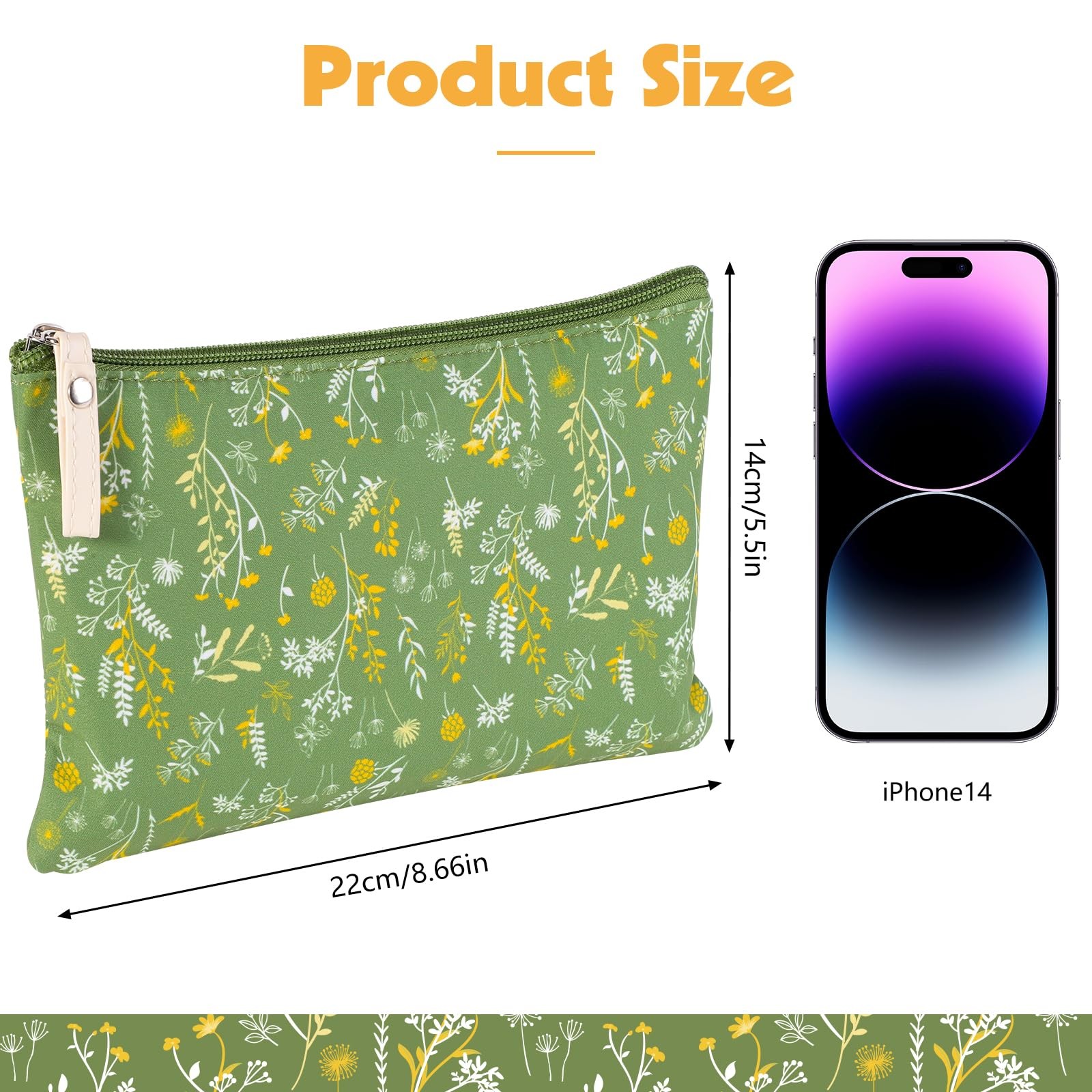 Pengxiaomei 2 Pcs Green Floral Makeup Bags, Small Zipper Cosmetic Bag