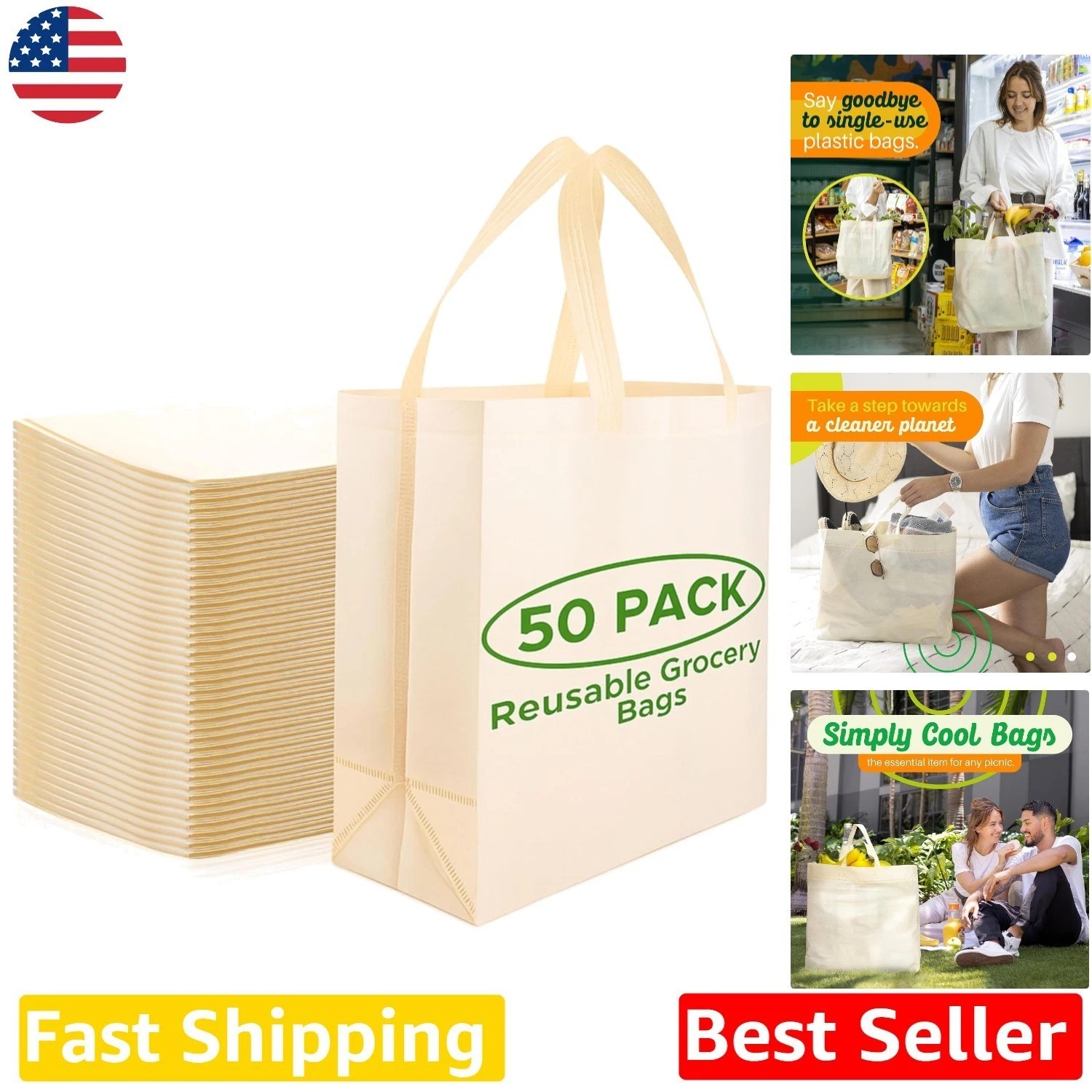 50 Pack Cream Large Reusable Shopping Tote Bags Eco-Friendly Heavy Duty