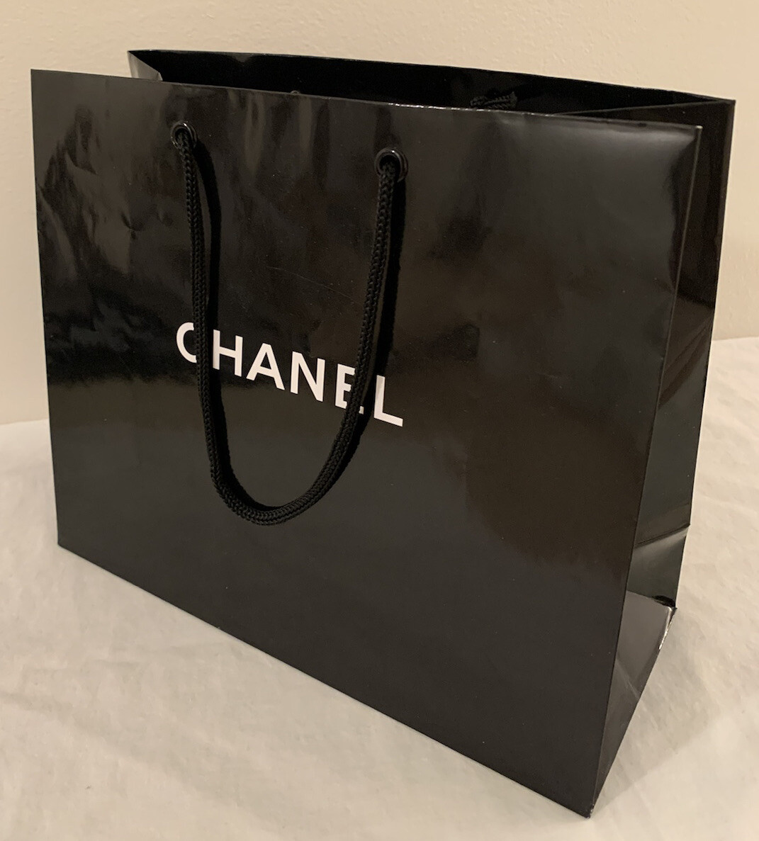 Authentic CHANEL Paper Shopping Bag Rope Handle Glossy Black 10.5 x9 x4.5”