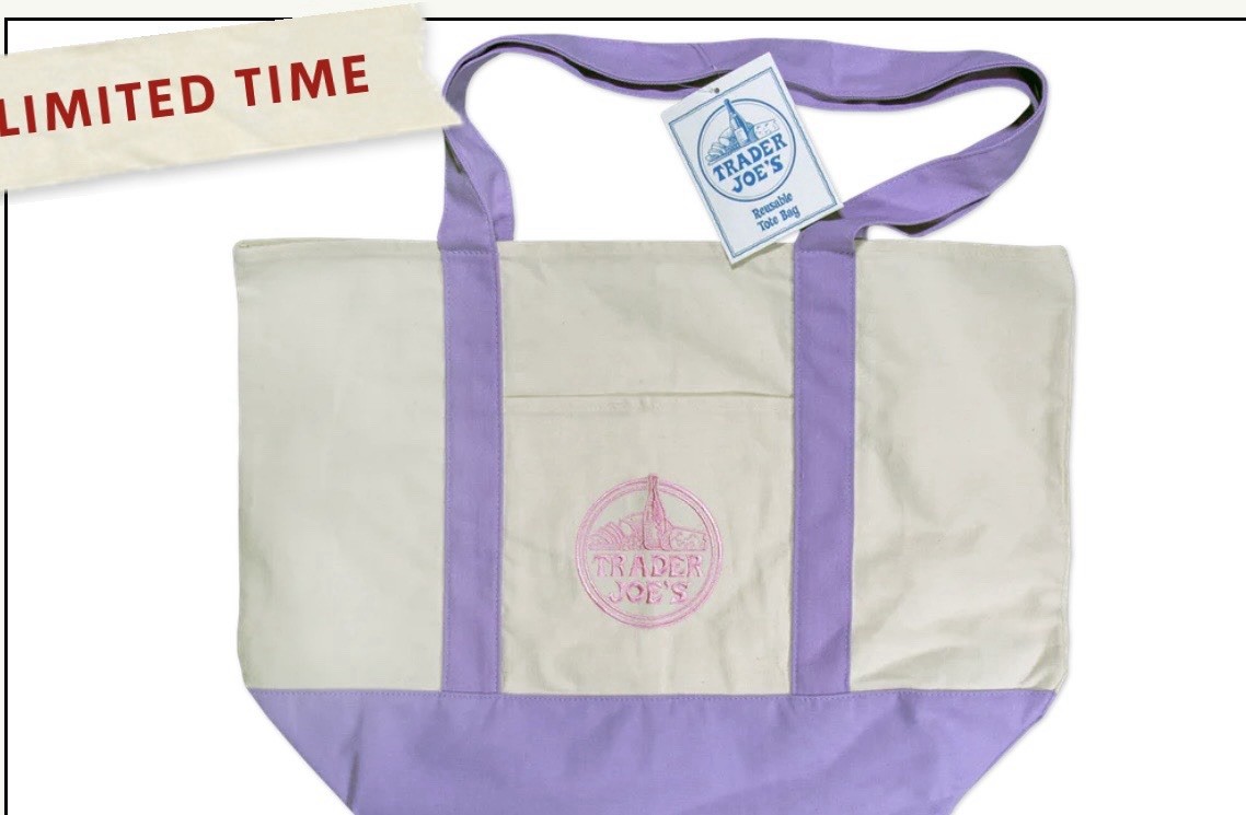 Trader Joe’s Limited Edition Foldable Canvas Reusable Shopping Bag Purple Beige