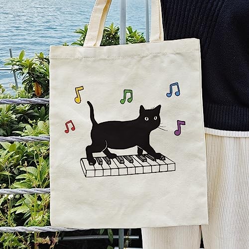 Black Cat Canvas Tote Bag For Women Aesthetic Funny Cute Cat Playing Piano