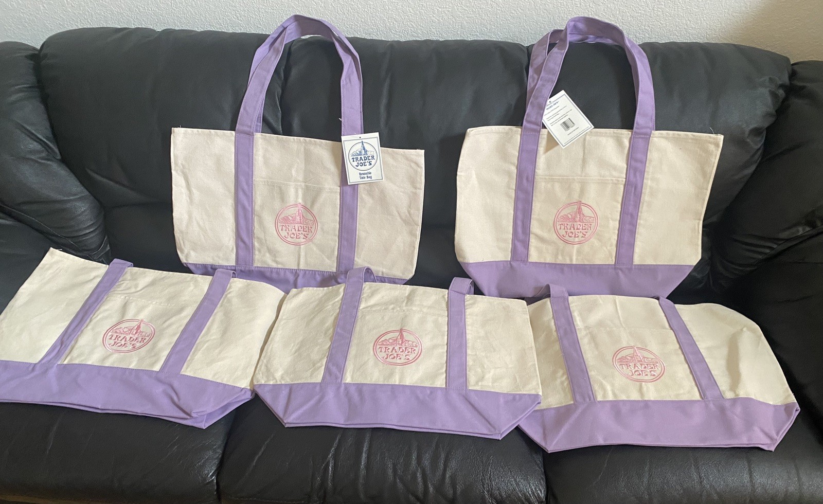 Trader Joe’s Canvas Large Lavender Tote Bags BUNDLE of 5