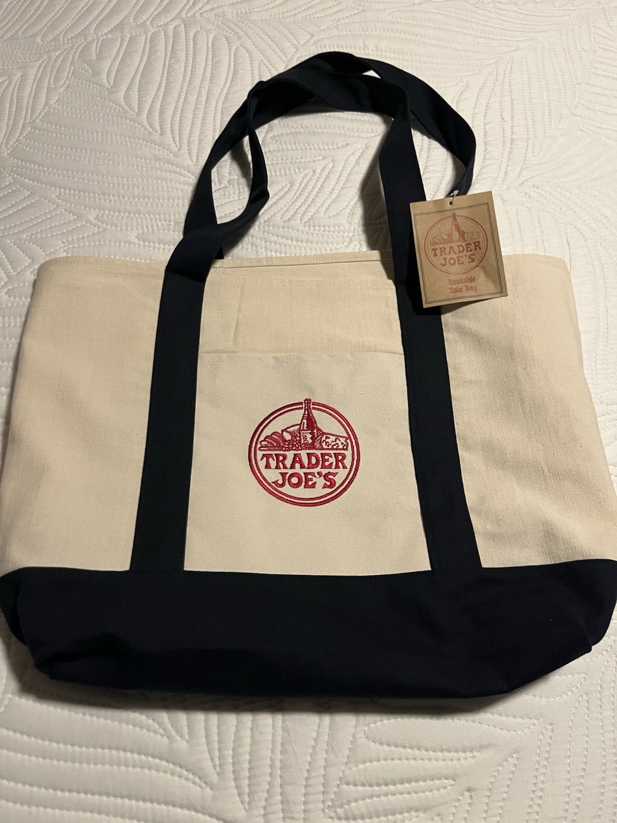 Trader Joe’s Canvas Reusable Tote Bag Foldable Beige Navy Blue Red Logo