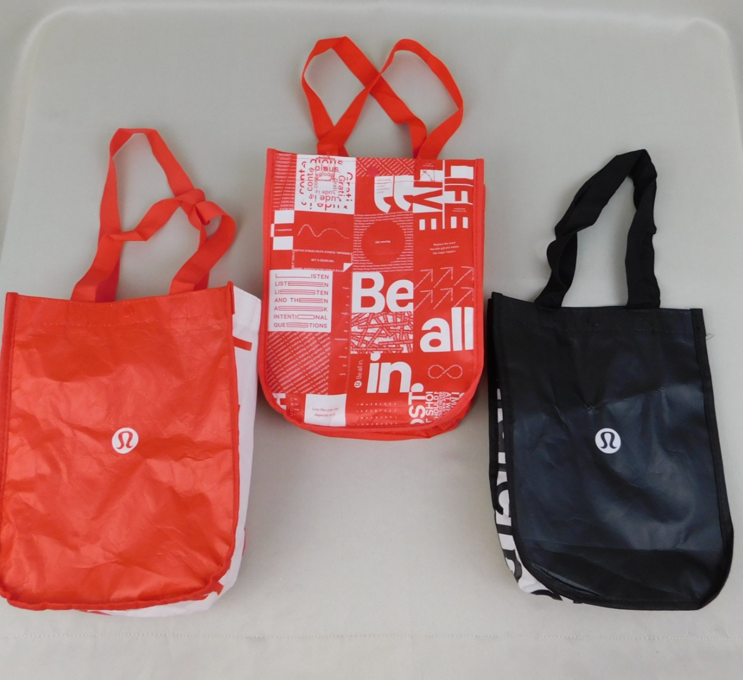 3pc Lululemon Reusable Small Shopping Totes Red Black Double Handles Snap Close