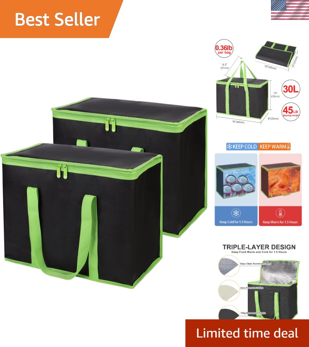 X-Large Insulated Grocery Bag – Stylish Black & Green with 30L Capacity