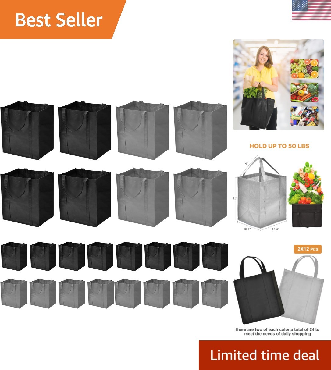Fashionable 24-Pack Non-Woven Reusable Grocery Bags – Perfect for Any Occasion