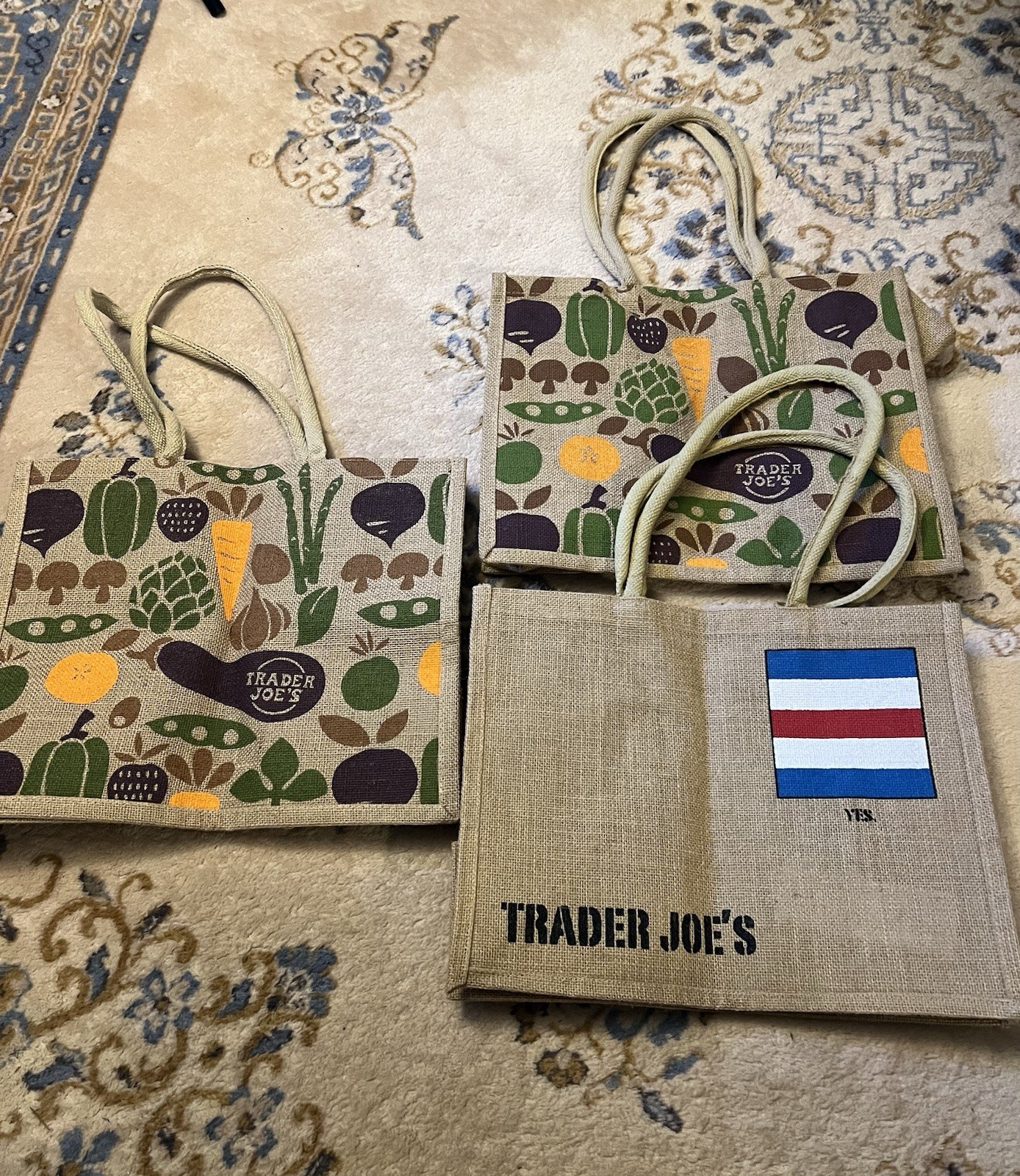 3 Trader Joe’s Jute Burlap Expand Tote Bag Vegetables Eggplant Yes Nautical Flag