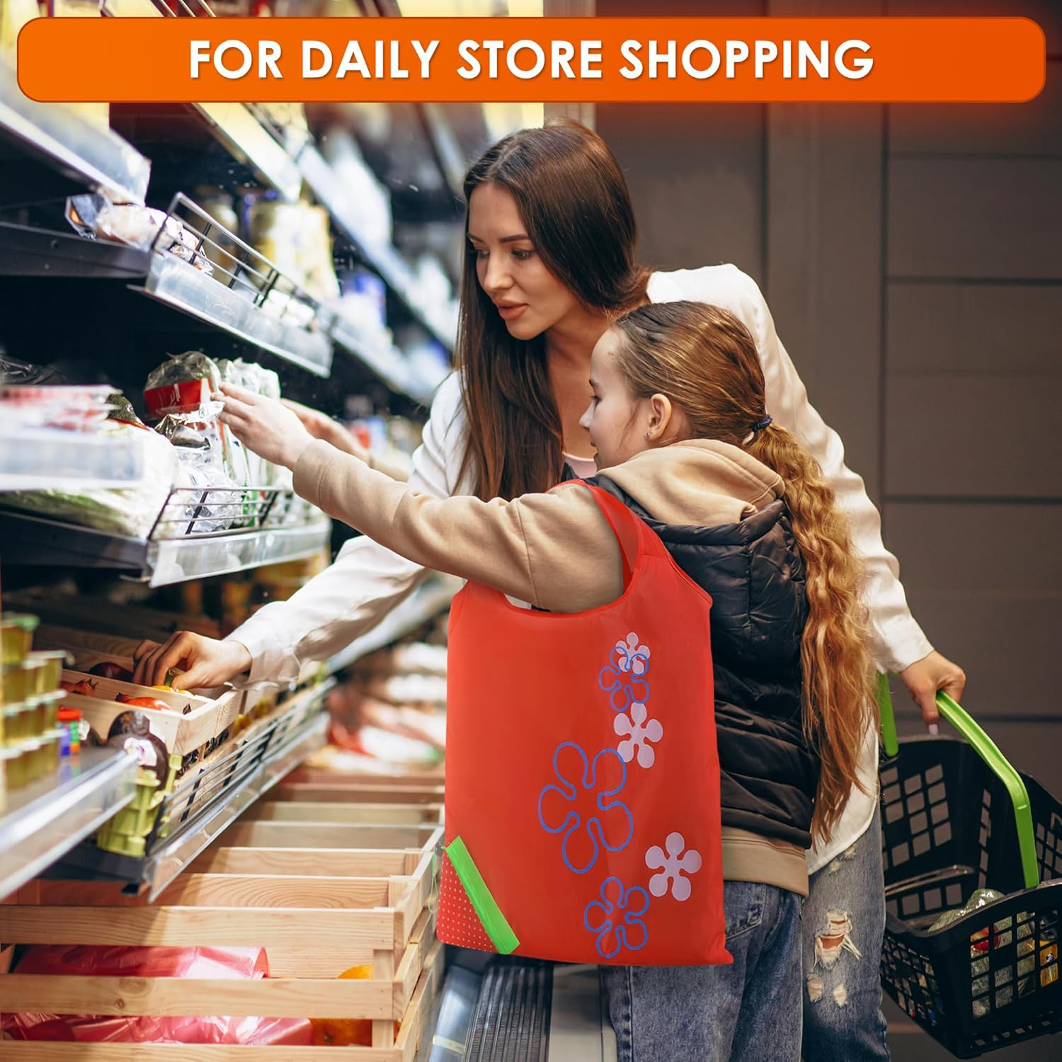5 Pcs Fruit Micro Tote Bag – Reusable Grocery Bags Foldable with 15″X15″ Capacit