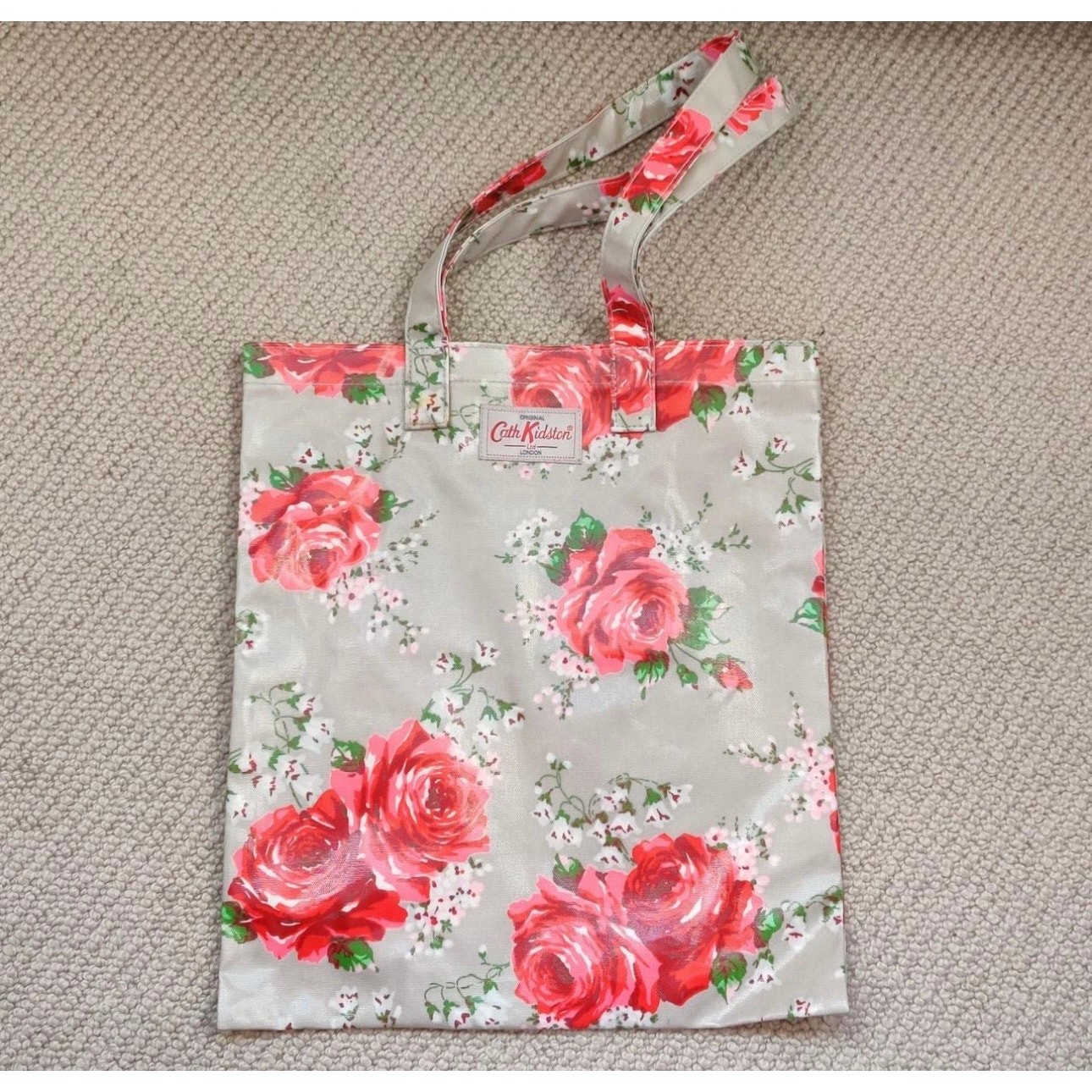 Cath Kidston London Gray Floral Rose Pattern Vinyl Tote Bag Small Size Casual