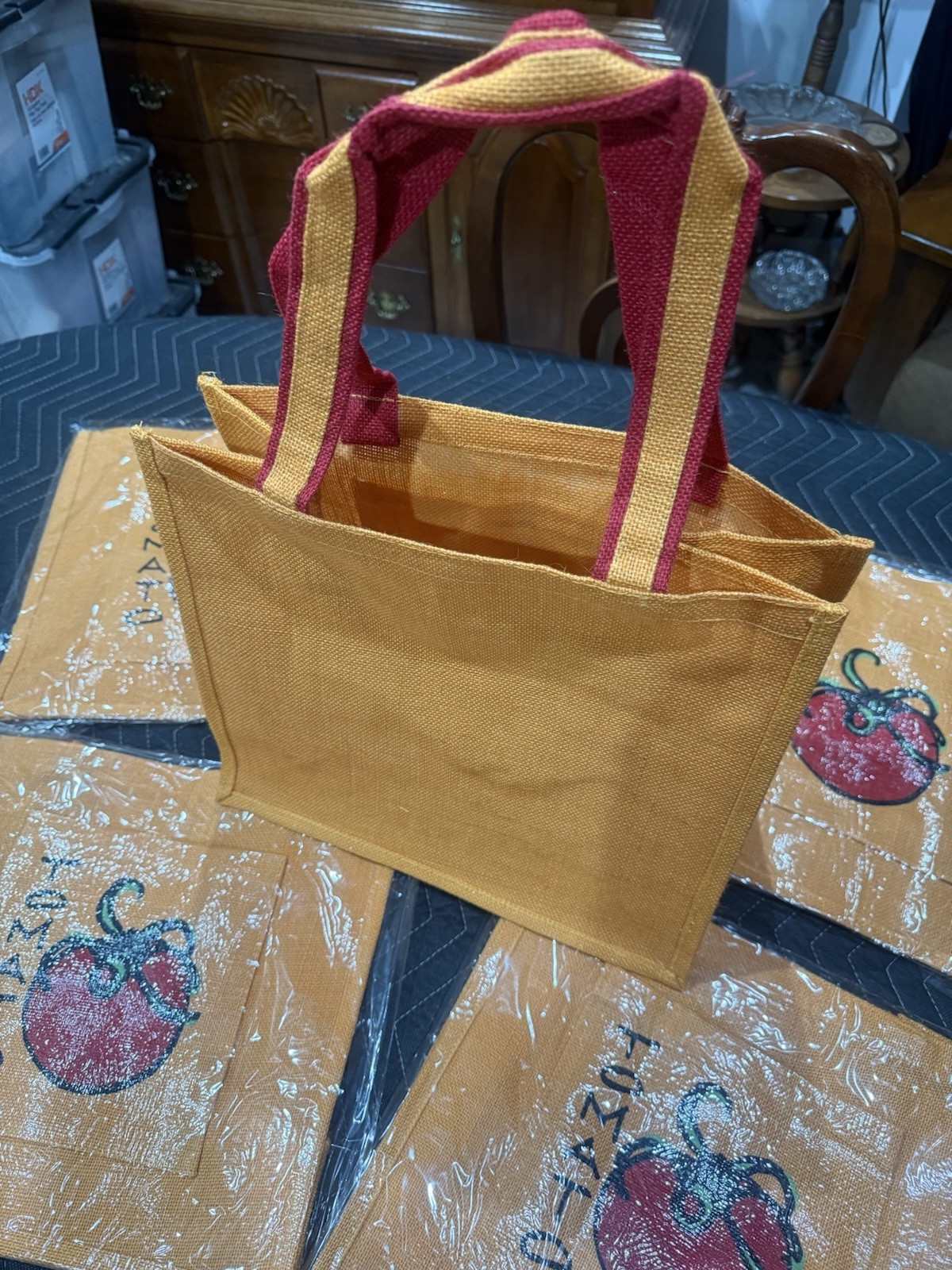 BrB Set of (5) NEW Orange Pocketed Jute Burlap Bags Perfect Tote Market Bag