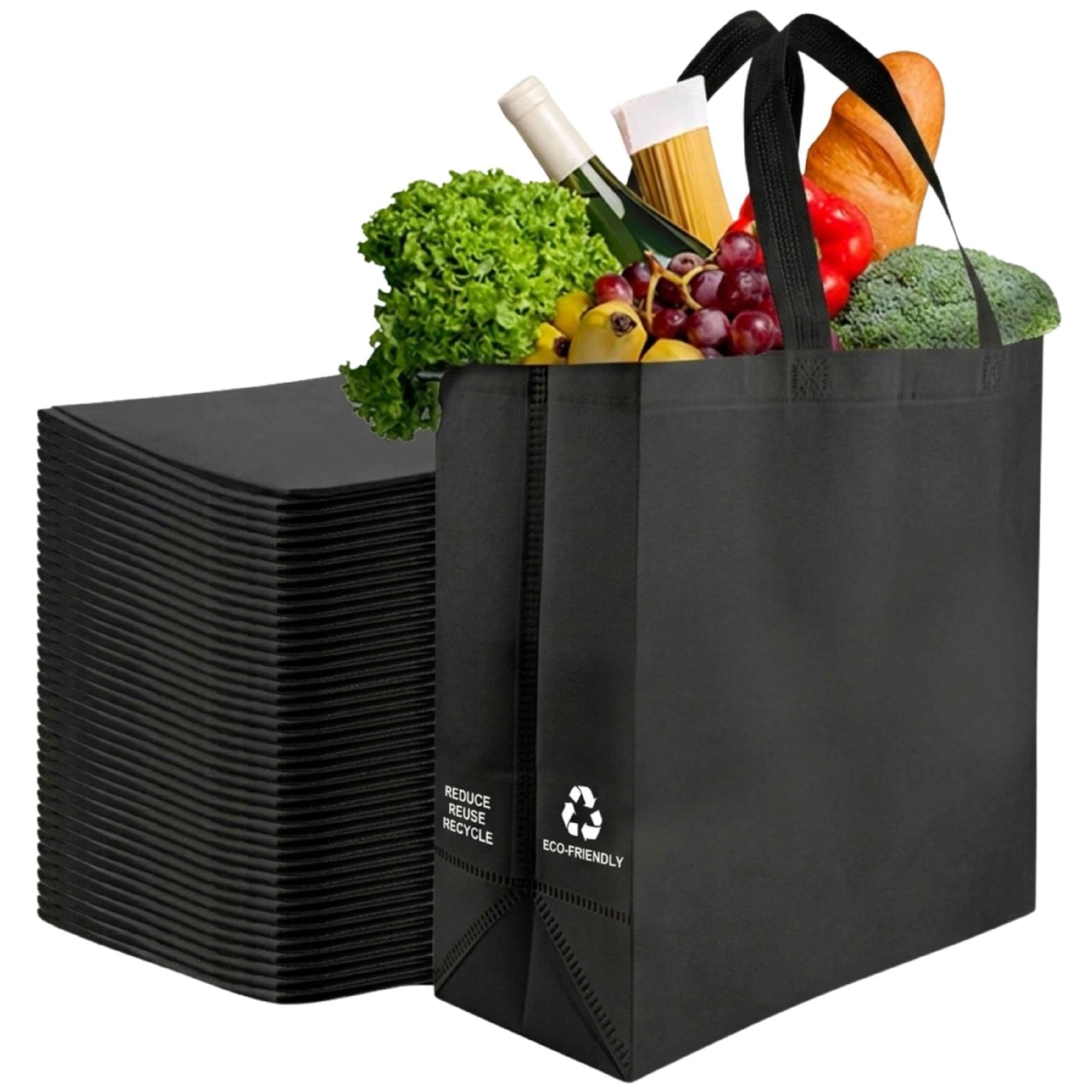 50 Pack Black Reusable Eco-Friendly Grocery Shopping Bags 12.6″x6.3″x11.8″ Du…
