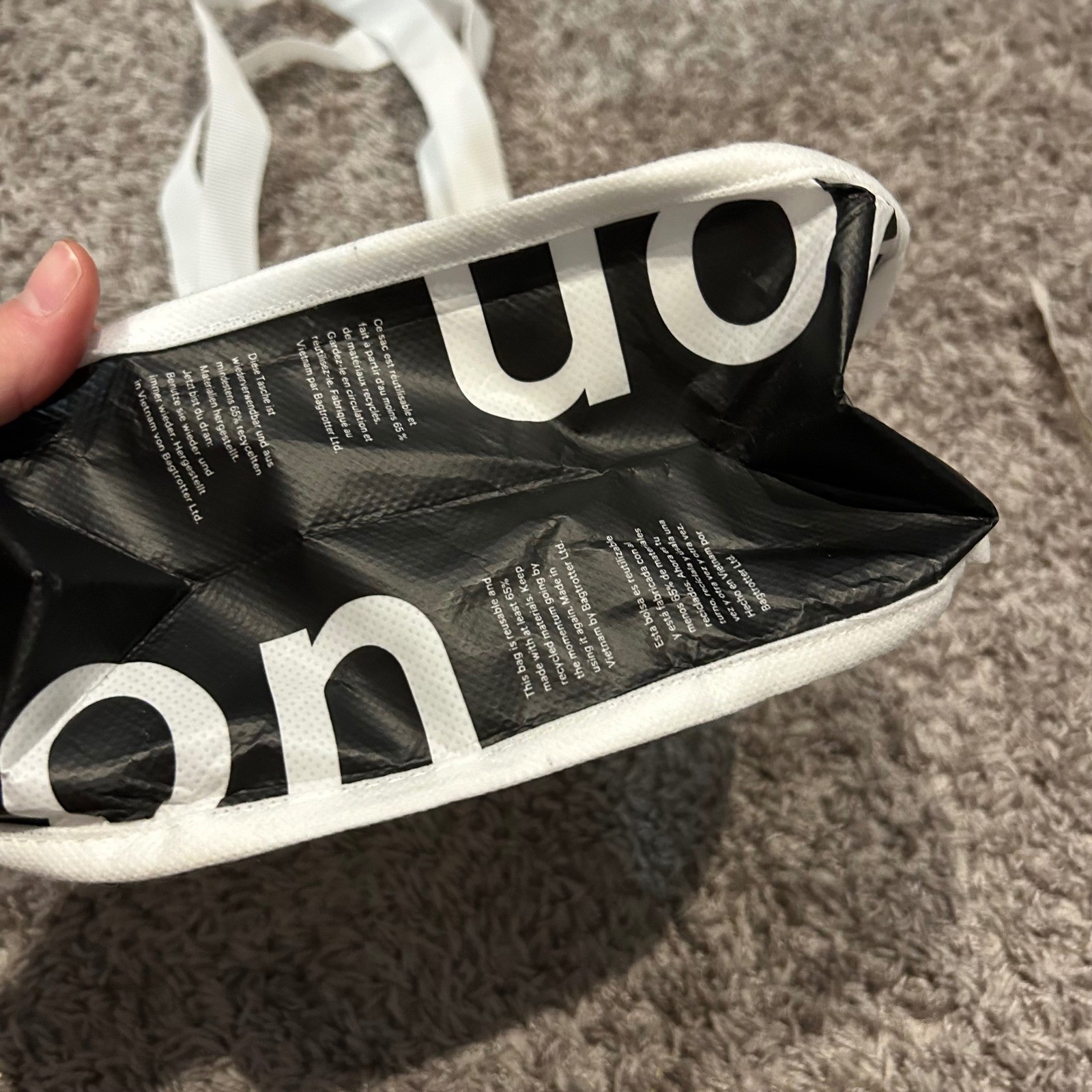Lululemon Reusable Shopping Tote Bag White Black Logo Snap Closure
