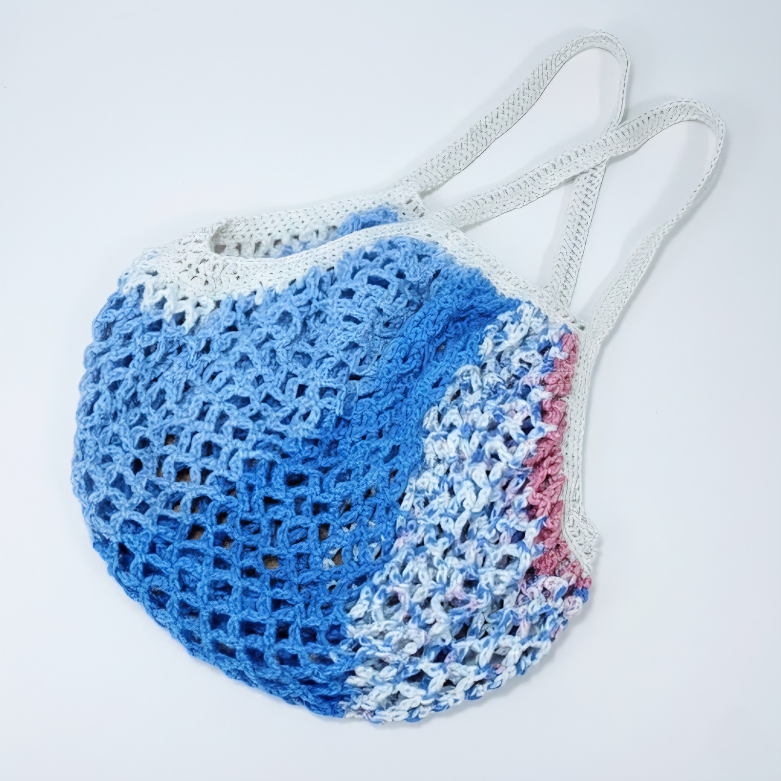 Farmers Market Bag Blue Crochet French Net Sack Cotton Grocery Beach Handmade