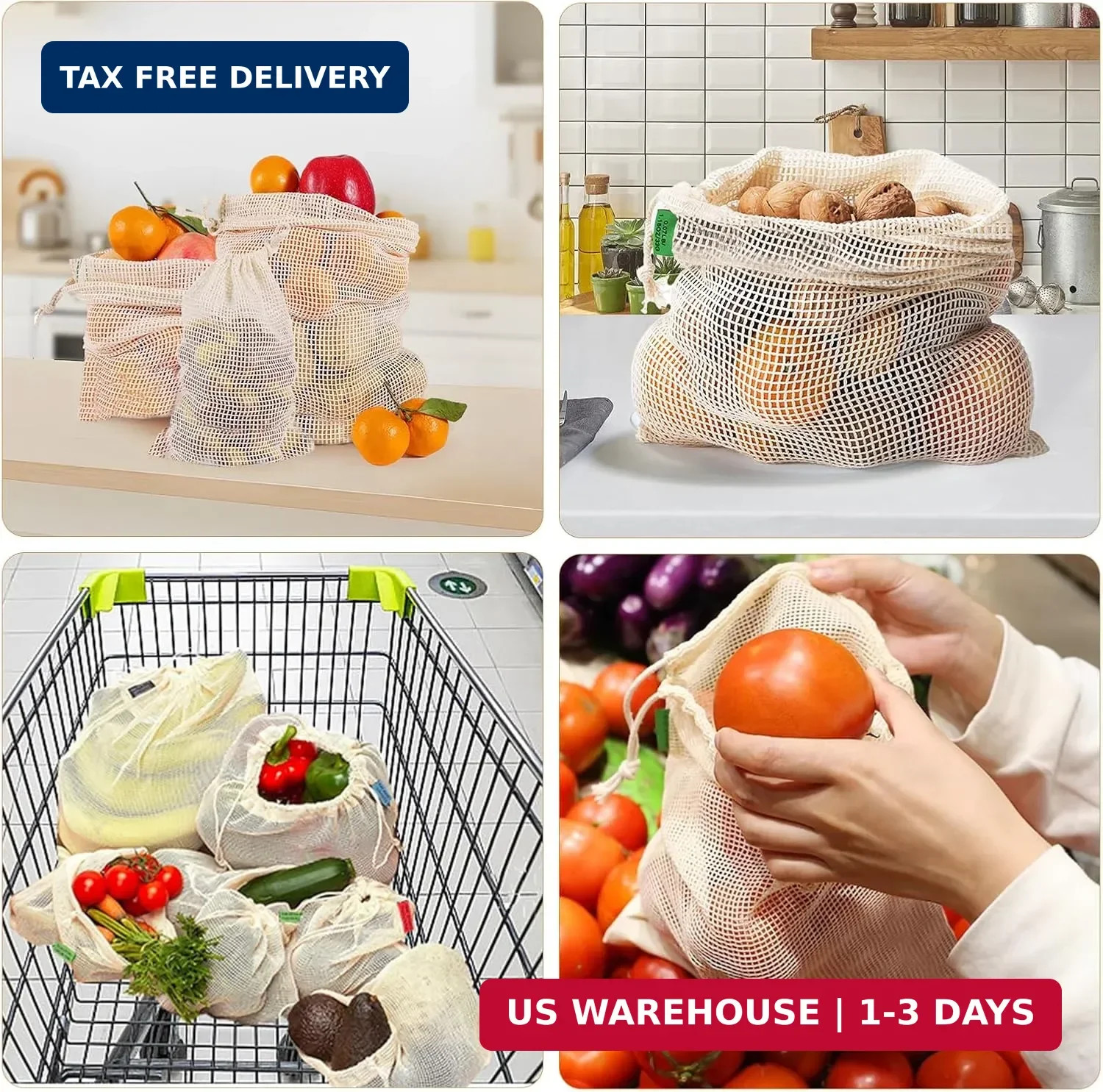Cotton Mesh Reusable Produce Bags Set of 6 Washable Fruit Veggie Storage S M L