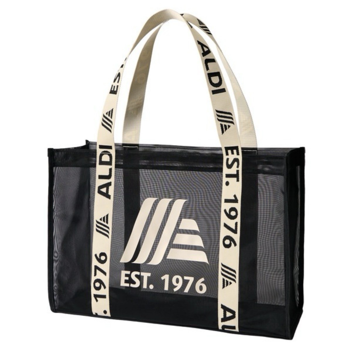 ALDI 50th Anniversary Mesh Tote Bag Black w/EST 1976 on Cream Straps RARE LTD ED