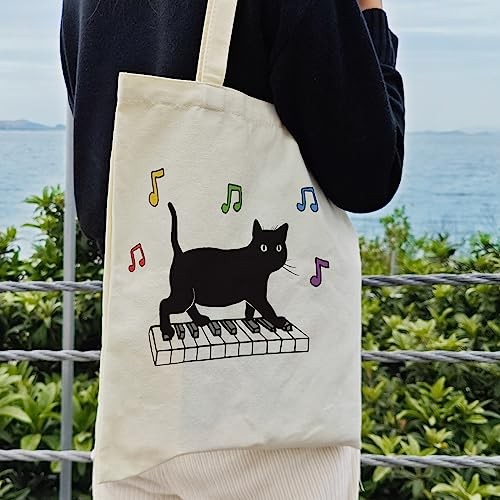 Black Cat Canvas Tote Bag For Women Aesthetic Funny Cute Cat Playing Piano