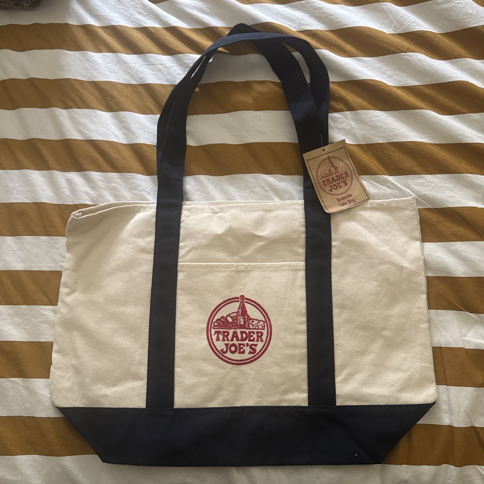 Trader Joe’s Blue/Cream White Heavy Duty Reusable Canvas Eco Tote Bag Large NWT