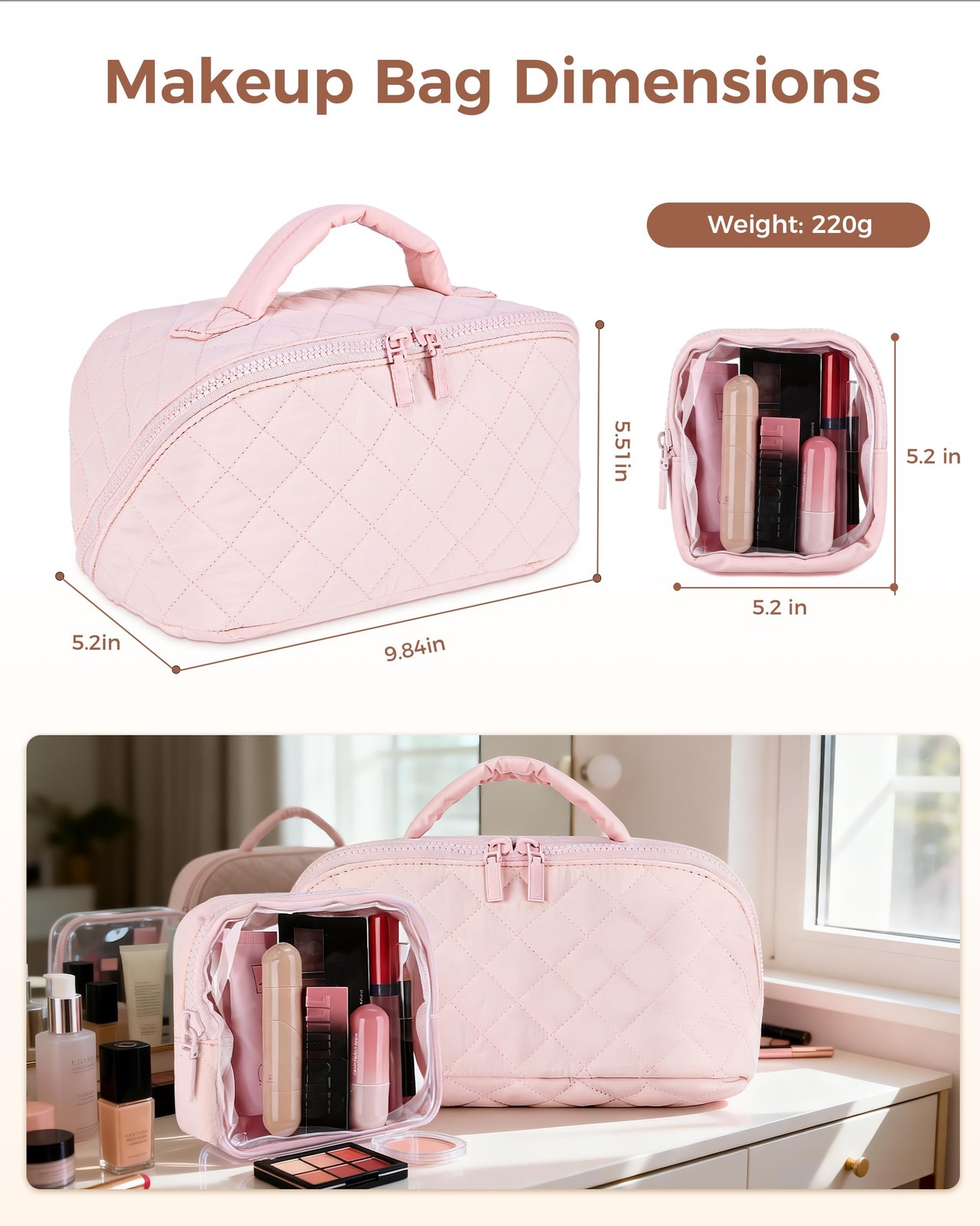 Travel Makeup Bag for Women, 2Pcs Large Capacity 180 Lay-Flat Toiletry Pink