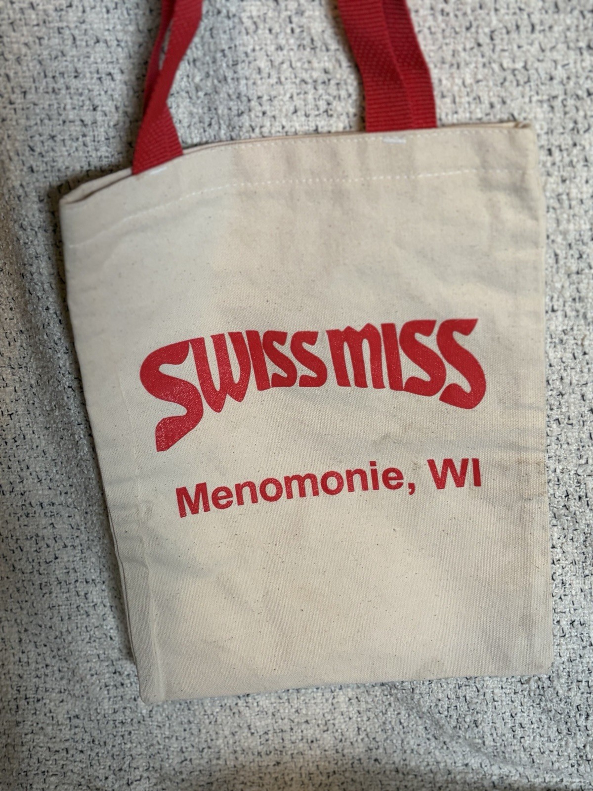 Swiss Miss Menomonie WI Canvas Reusable Shopping Bag Beige & Red Handles 12x6x12