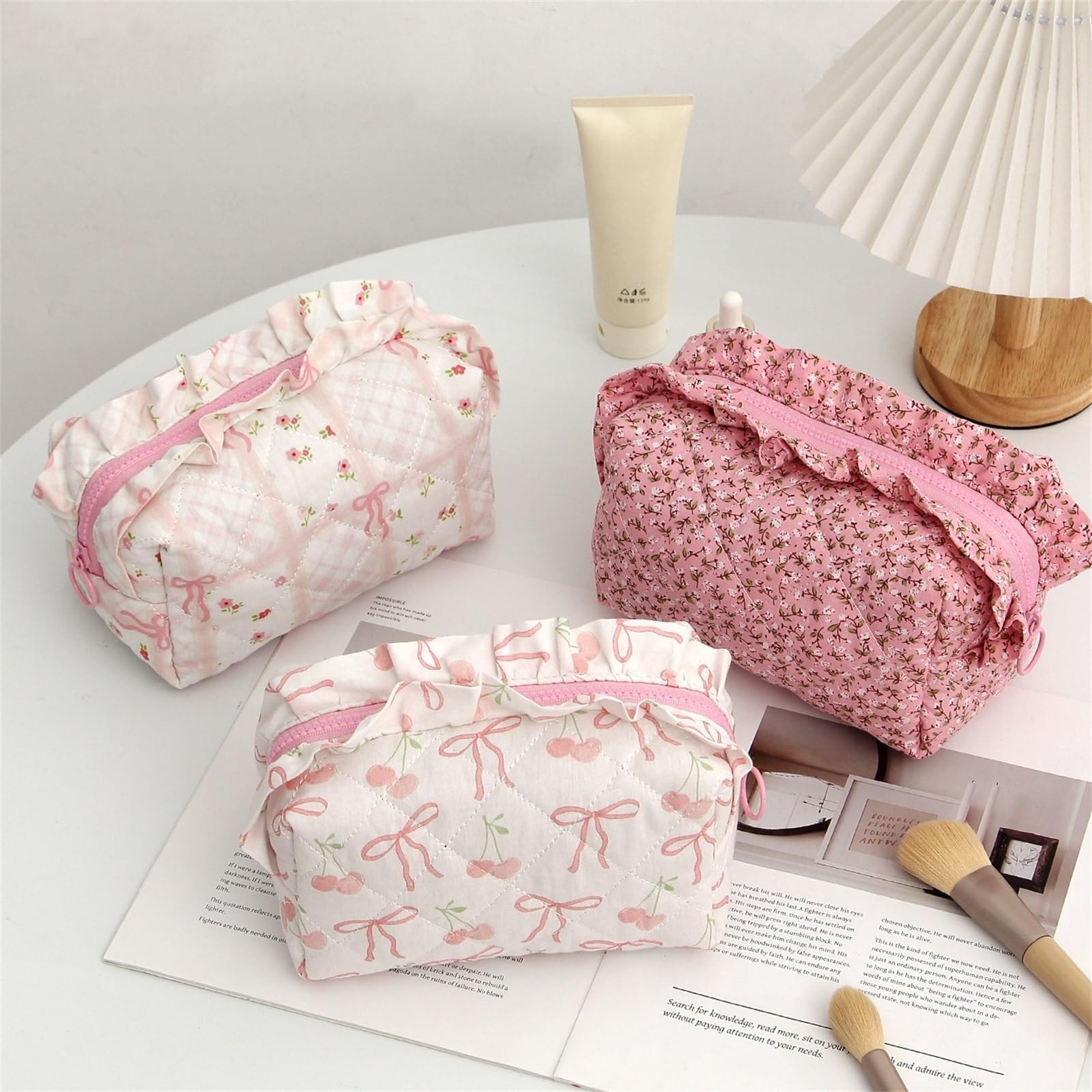Xhuilong Cotton Quilted Makeup Bag, 18x10x10cm/7x4x4In, A – Pink – Flower
