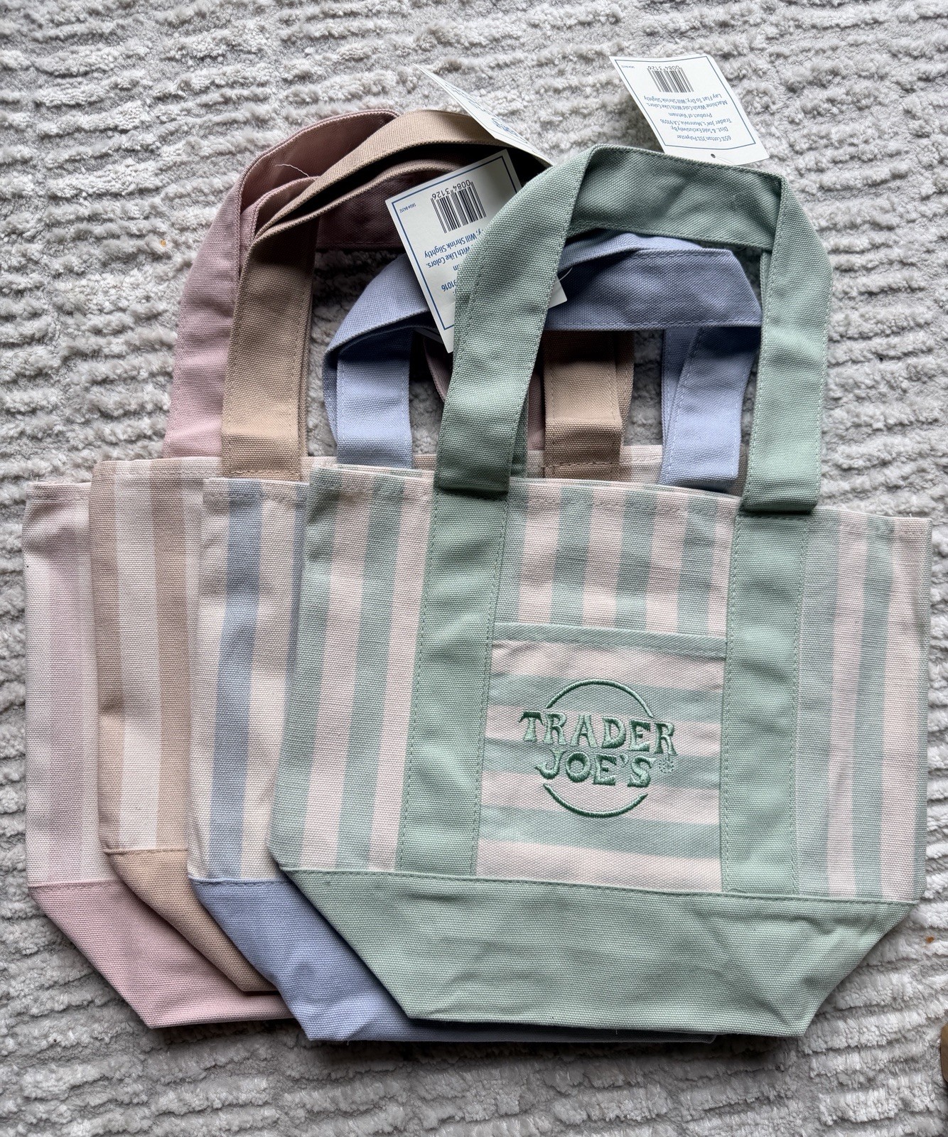 Trader Joe’s Reusable Tote Bags Lot of 4 Multicolor Striped 13x8x8 in
