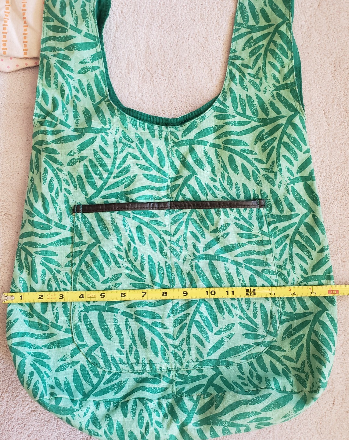Reusable Green Print Linen-Cotton Magnetic Snap Closure Shopping Shoulder Bag