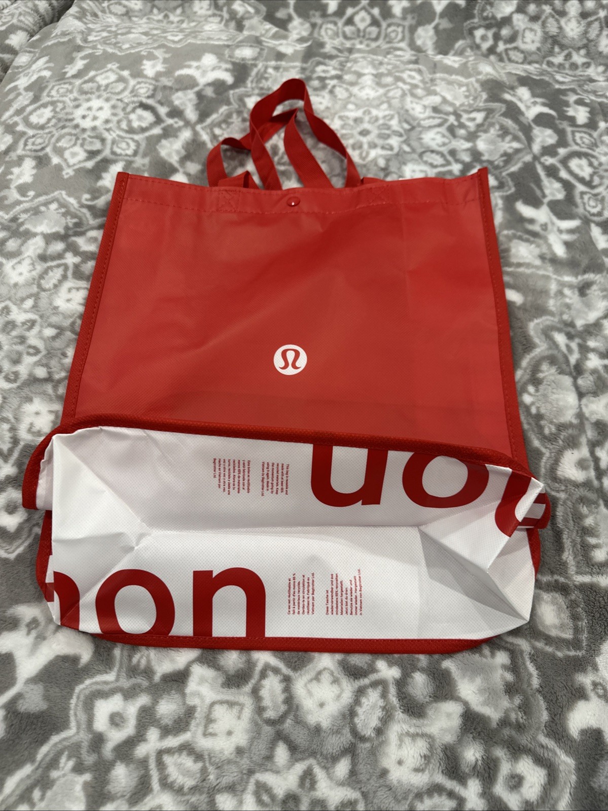 Lululemon Logo Reusable Shopping Bag Red White Sides Tote 14”x16” W/Snap New