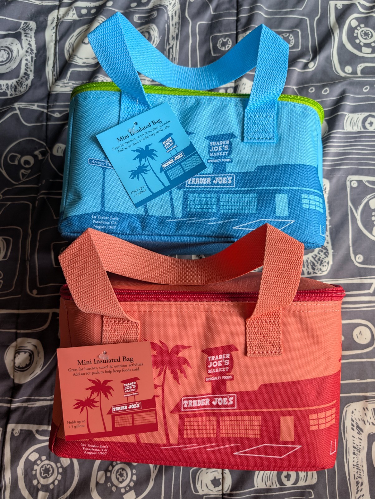 Trader Joes Mini Insulated Blue Peach Tote Bags (Pair)