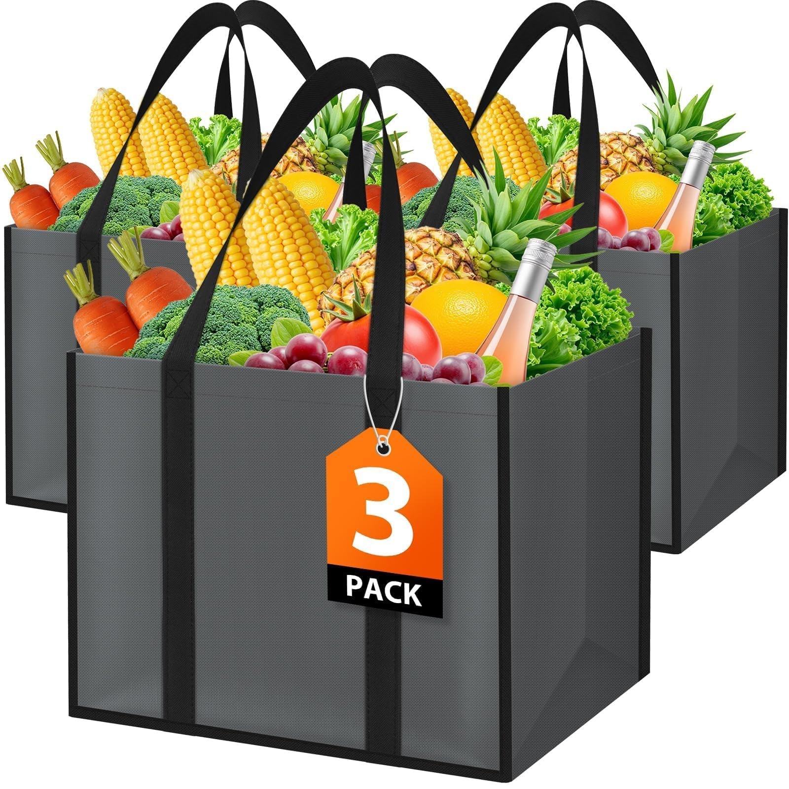 WISELIFE Reusable Grocery Bags with Handles – 3 Pack, 35L Large 3 Gray