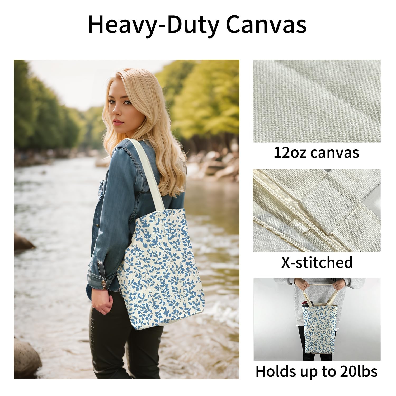 Canvas Tote Bag for Men and Women, Tote Bag With Zipper Pocket Blue Leaf Thic…
