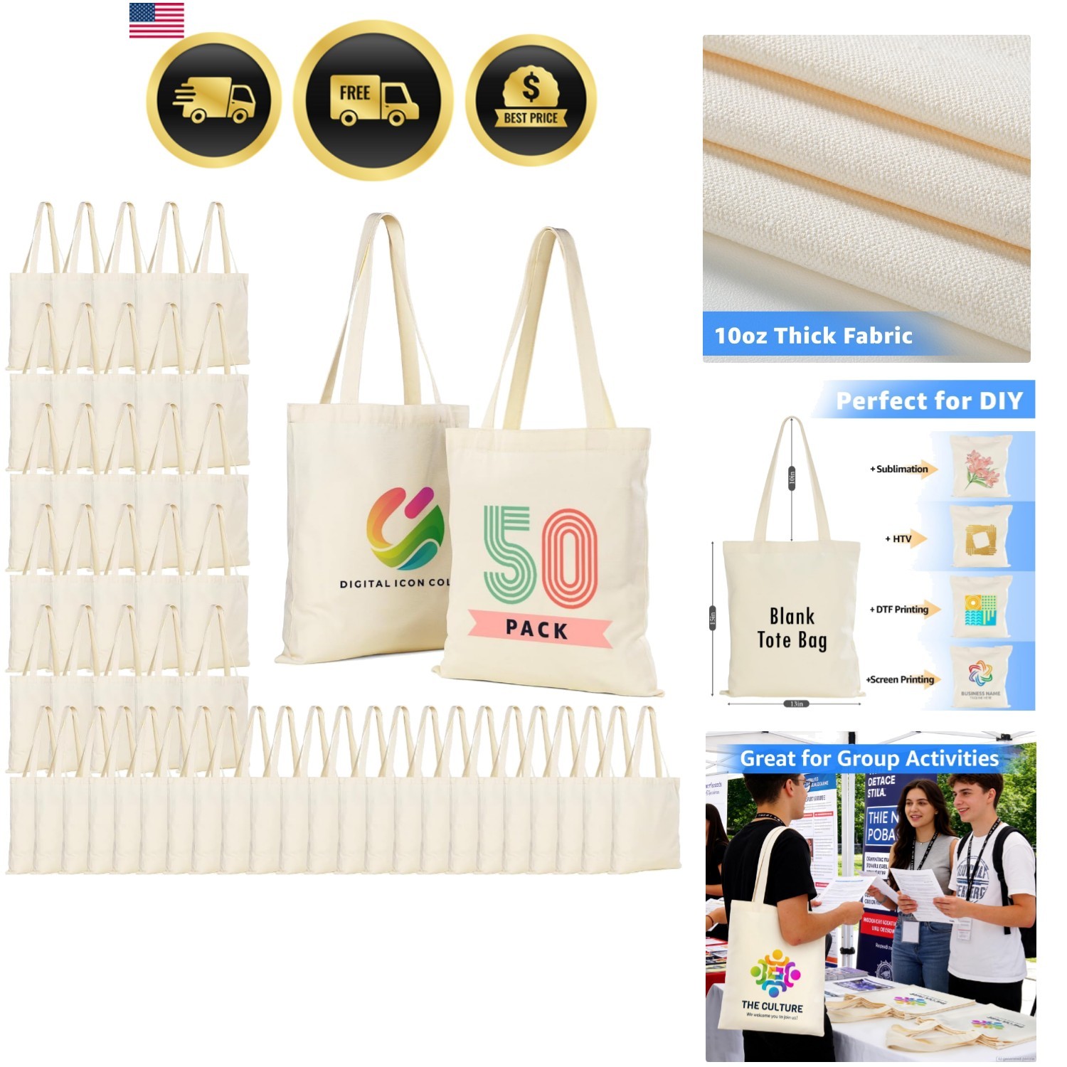 50/120 Pack Canvas Tote Bag Bulk for Business or Group, 13×15 Inches Blank To…