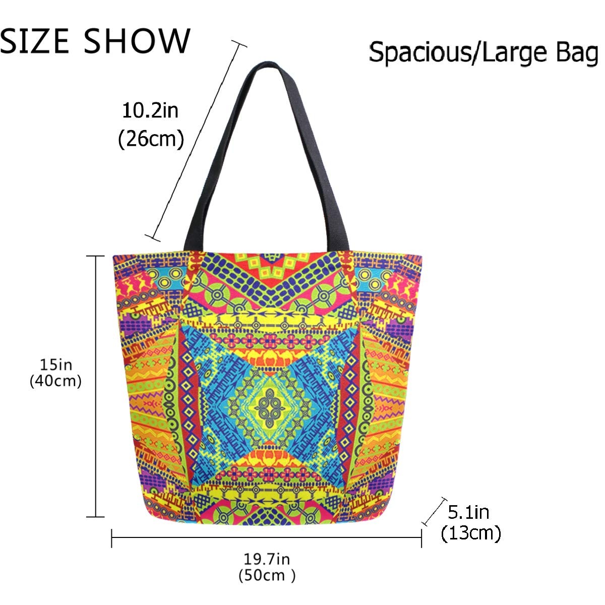 Chic Extra Large Shoulder Grocery Tote Bag, Vintage Ethnic 20×15″, Multi