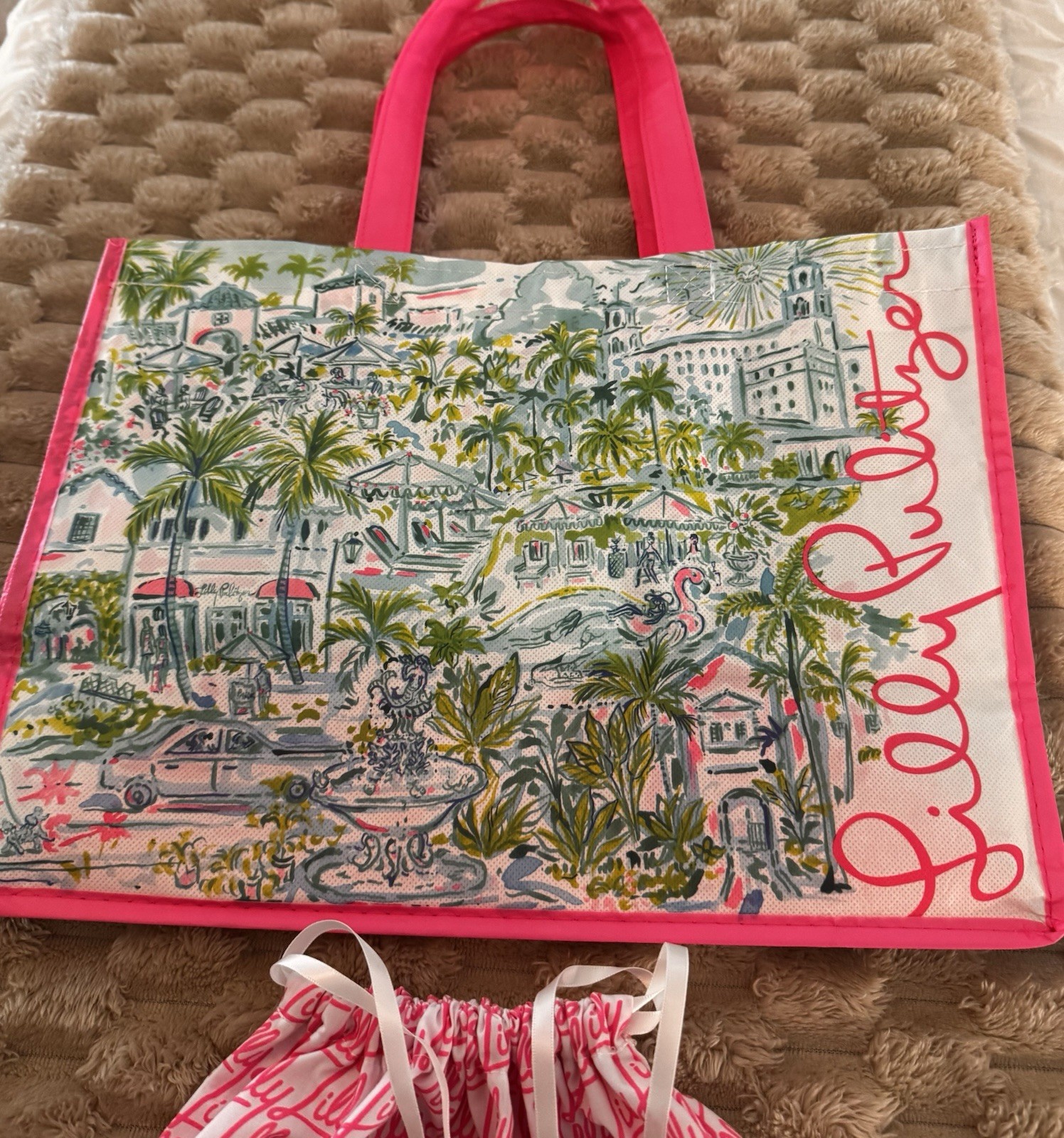 Lilly Pulitzer Reusable Shopping Tote Bag Tropical Cityscape/Drawstring Bag