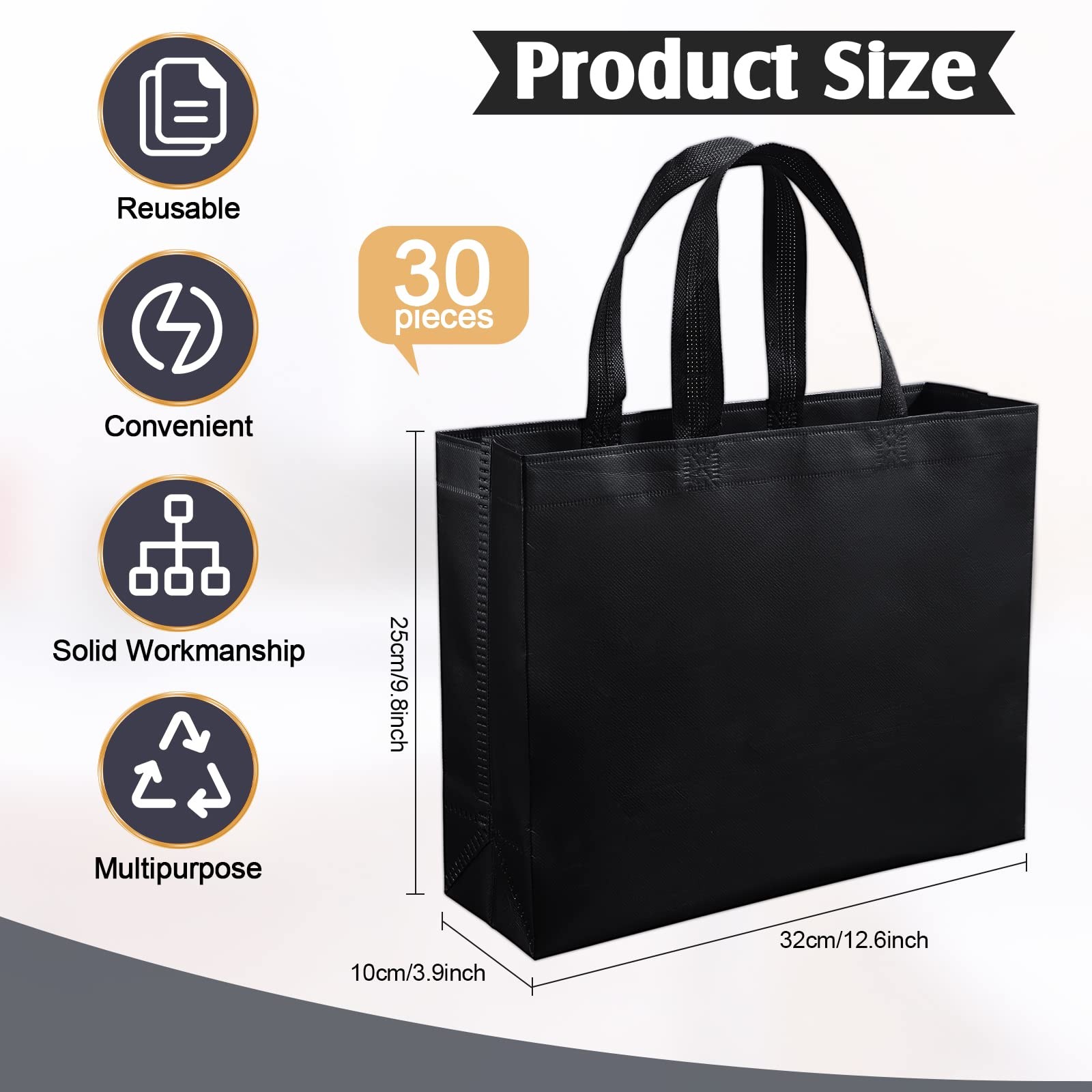 30 PCS 12.6×9.84×3.94 Inch Black Glossy Reusable Grocery Tote Gift Bags Handles