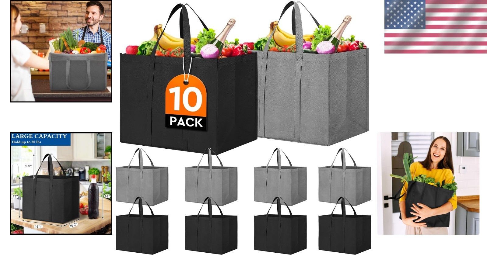 Durable Eco-Friendly Grocery Tote Bags – 10 Large Foldable Packs in Grey & Black