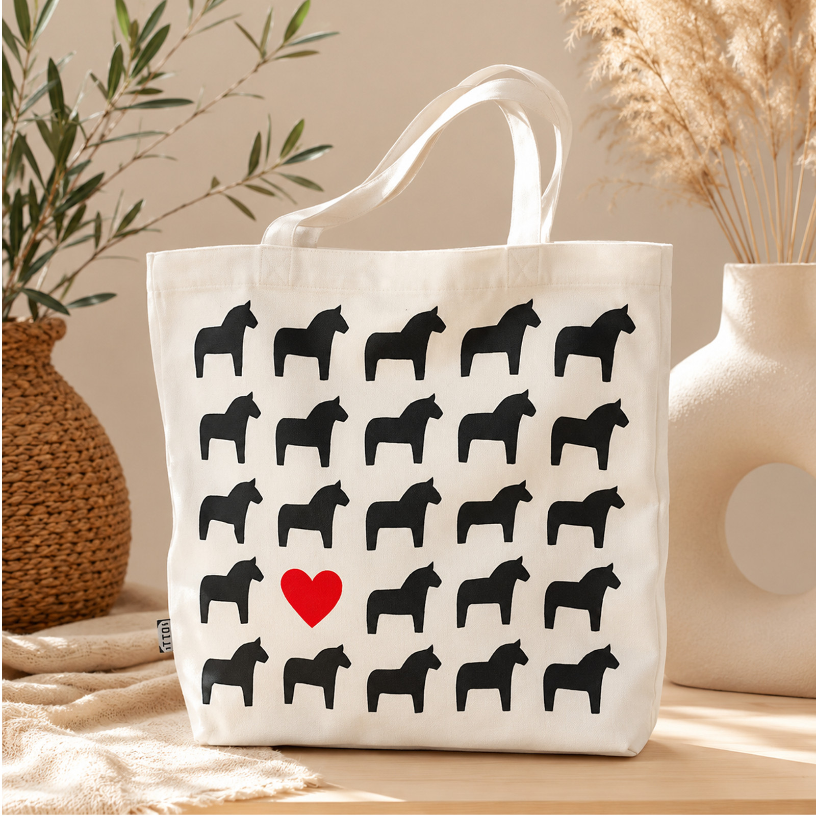 IKEA Shopping Tote Bag Hasthage Dala Horse Red Heart White 100% Cotton limited