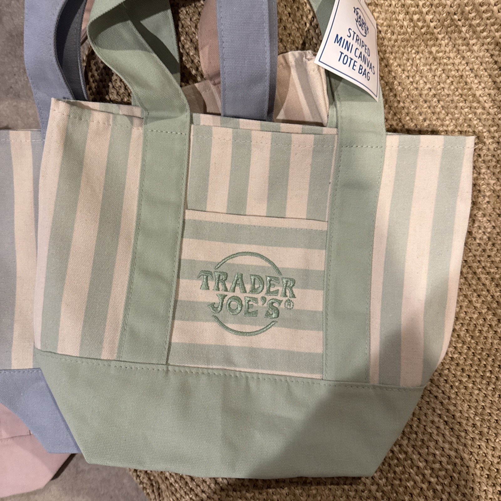 TRADER JOE’S MINI PASTEL STRIPE CANVAS TOTE BAGS SET Of 4 PINK BLUE GREEN BEIGE