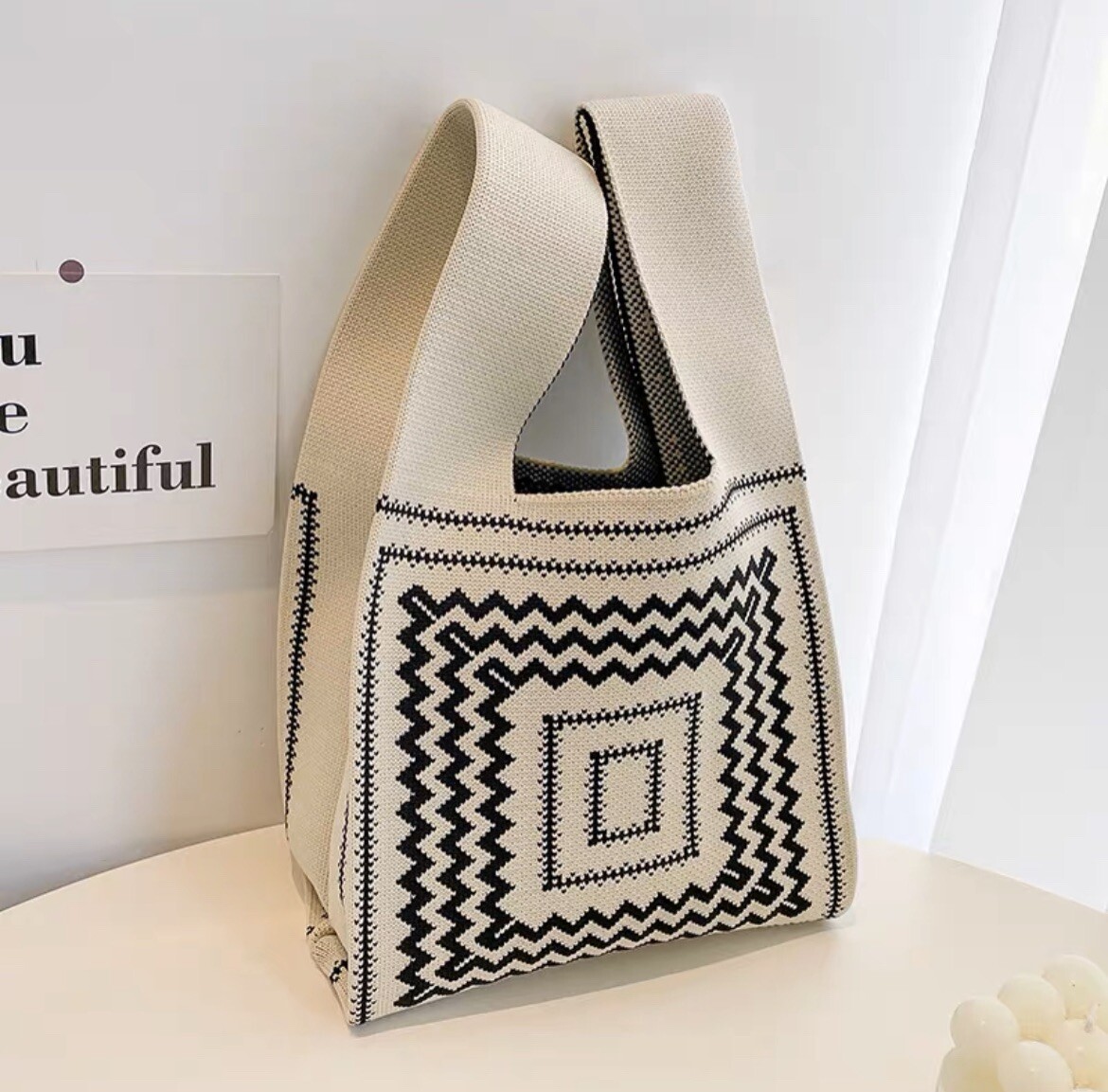 Square Patten▪️◼️⬛️shopping bags – Elastic – Environmental – White Background