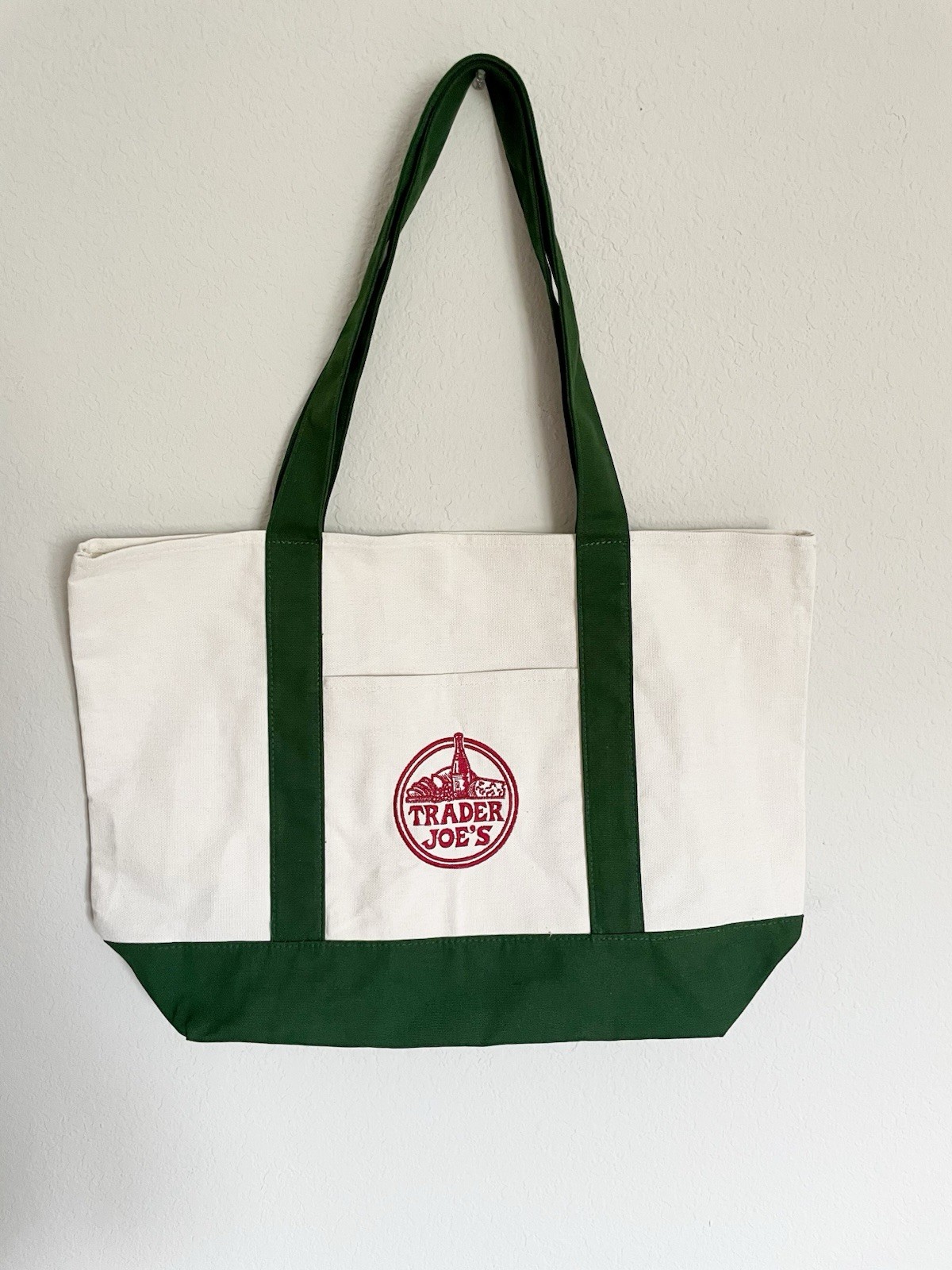 Trader Joe’s Foldable Canvas Tote Bag Reusable Shopping Beige With Green Handles